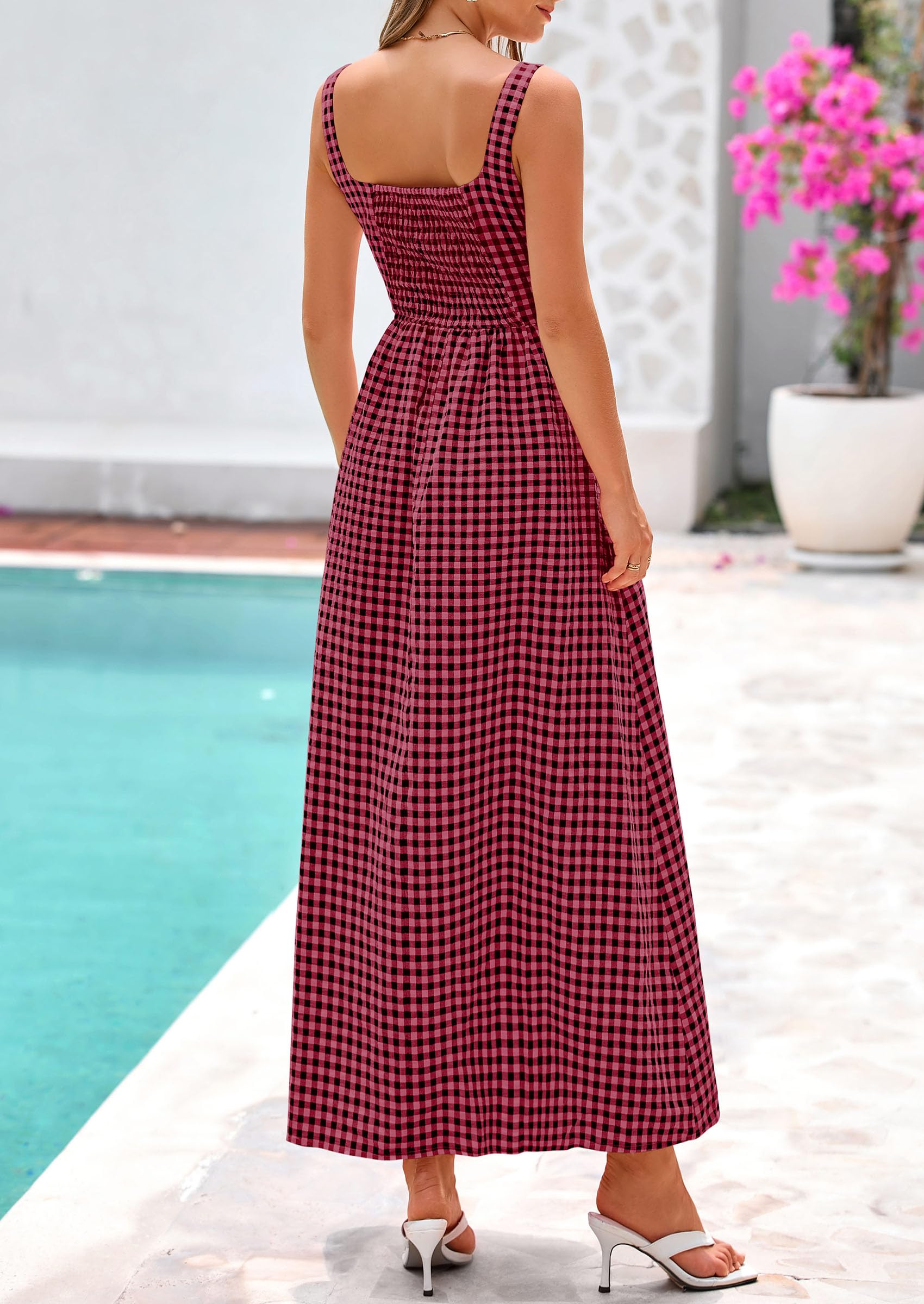 PRETTYGARDEN Women's Summer Spaghetti Strap Maxi Dresses Plaid Square Neck A Line Casual Beach Vacation Long Sundress