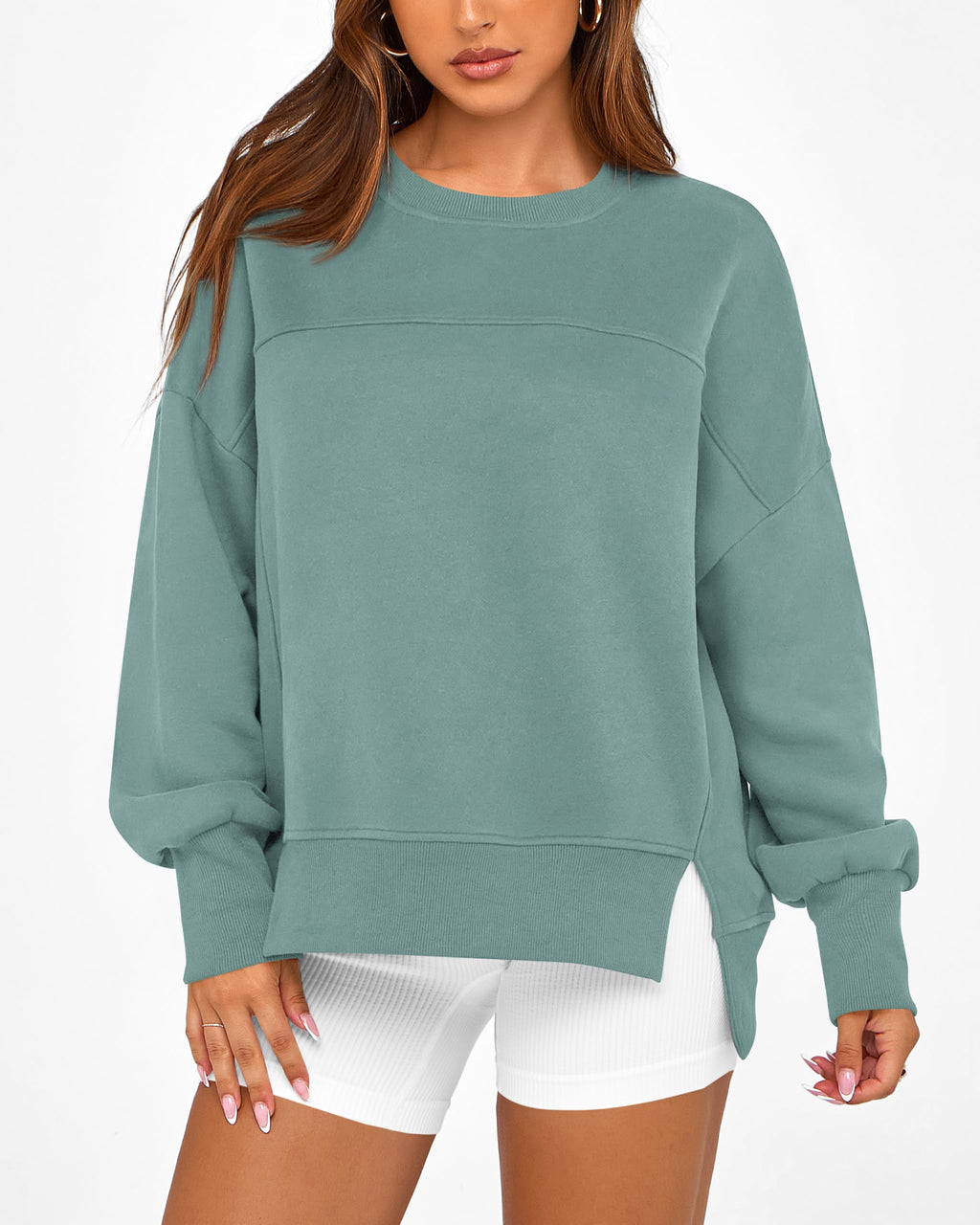 BTFBM Women's Casual Crewneck Sweatshirts Spring Long Sleeve Side Slit Workout Fleece Pullover Top Fashion Clothing
