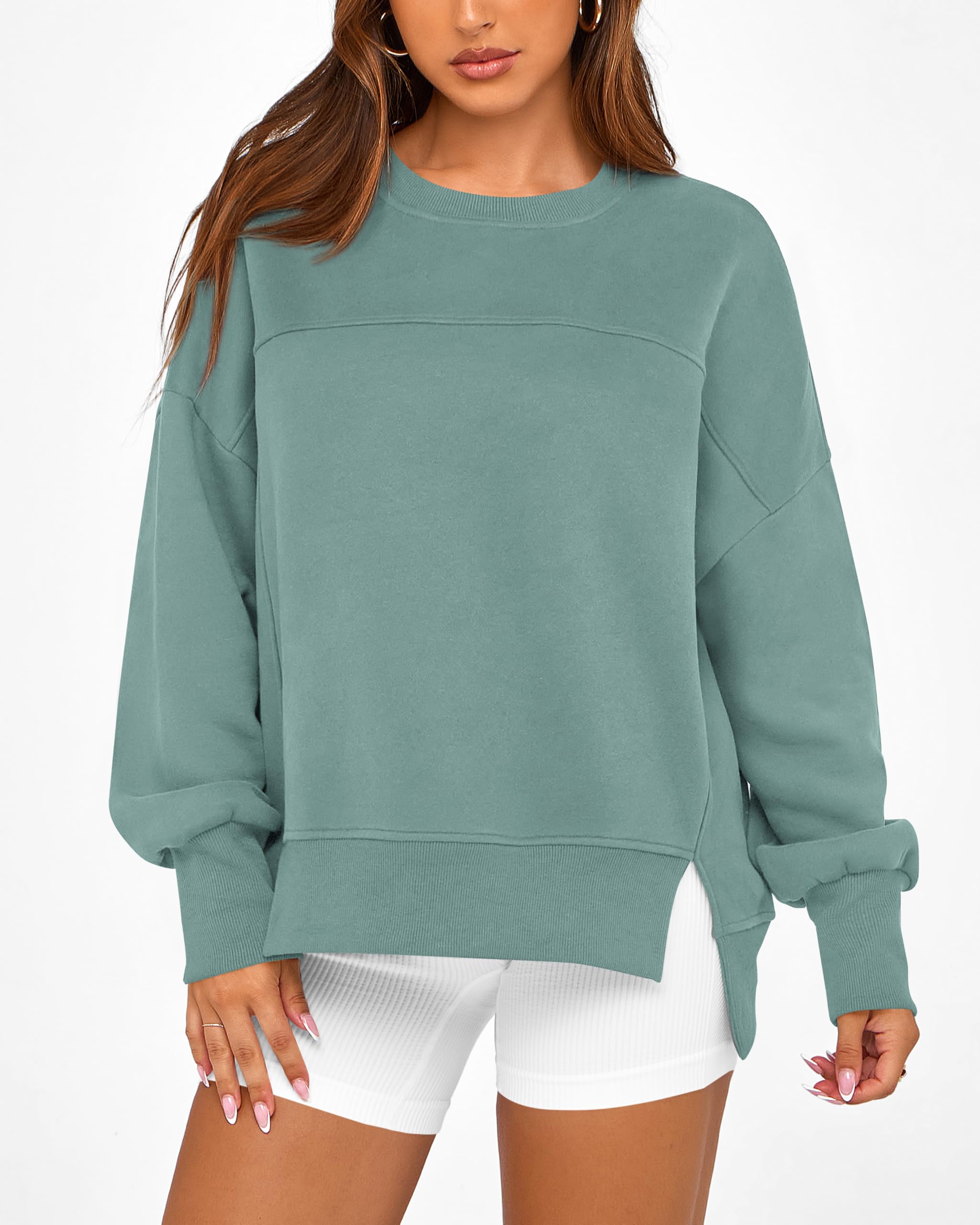 BTFBM Women's Casual Crewneck Sweatshirts Spring Long Sleeve Side Slit Workout Fleece Pullover Top Fashion Clothing