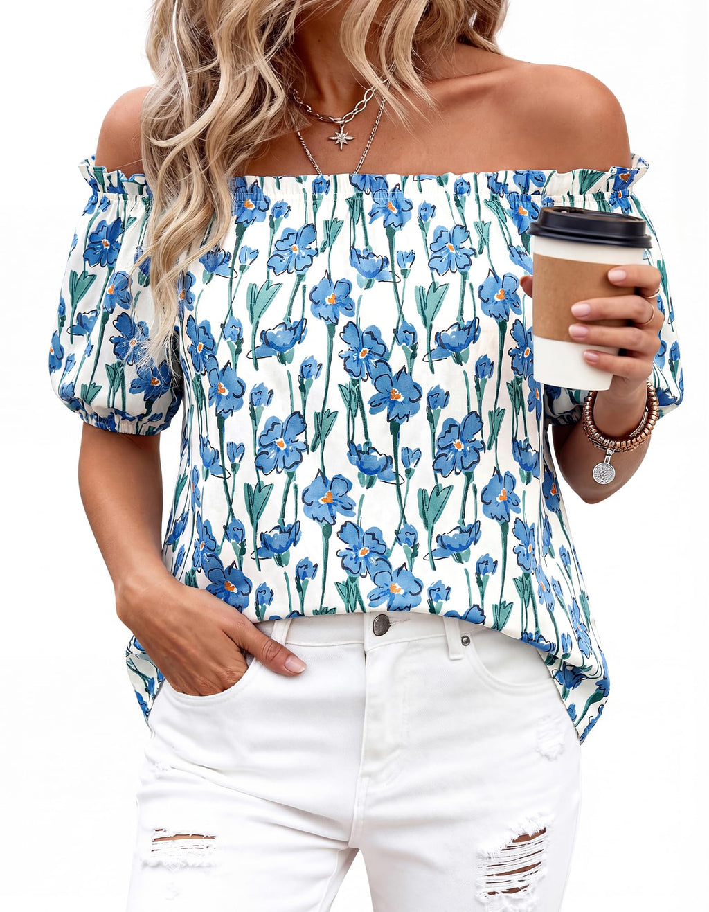 BTFBM Off The Shoulder Spring Tops for Women Summer Blouses Boho Floral Short Sleeve Shirts Dressy Casual Outfits