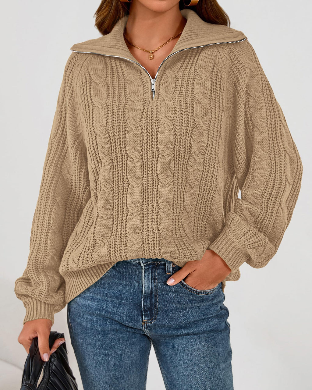 BTFBM Sweaters for Women Fall Fashion Loose Quarter Zip Pullover Collared Long Sleeve Cable Knit Winter Clothes