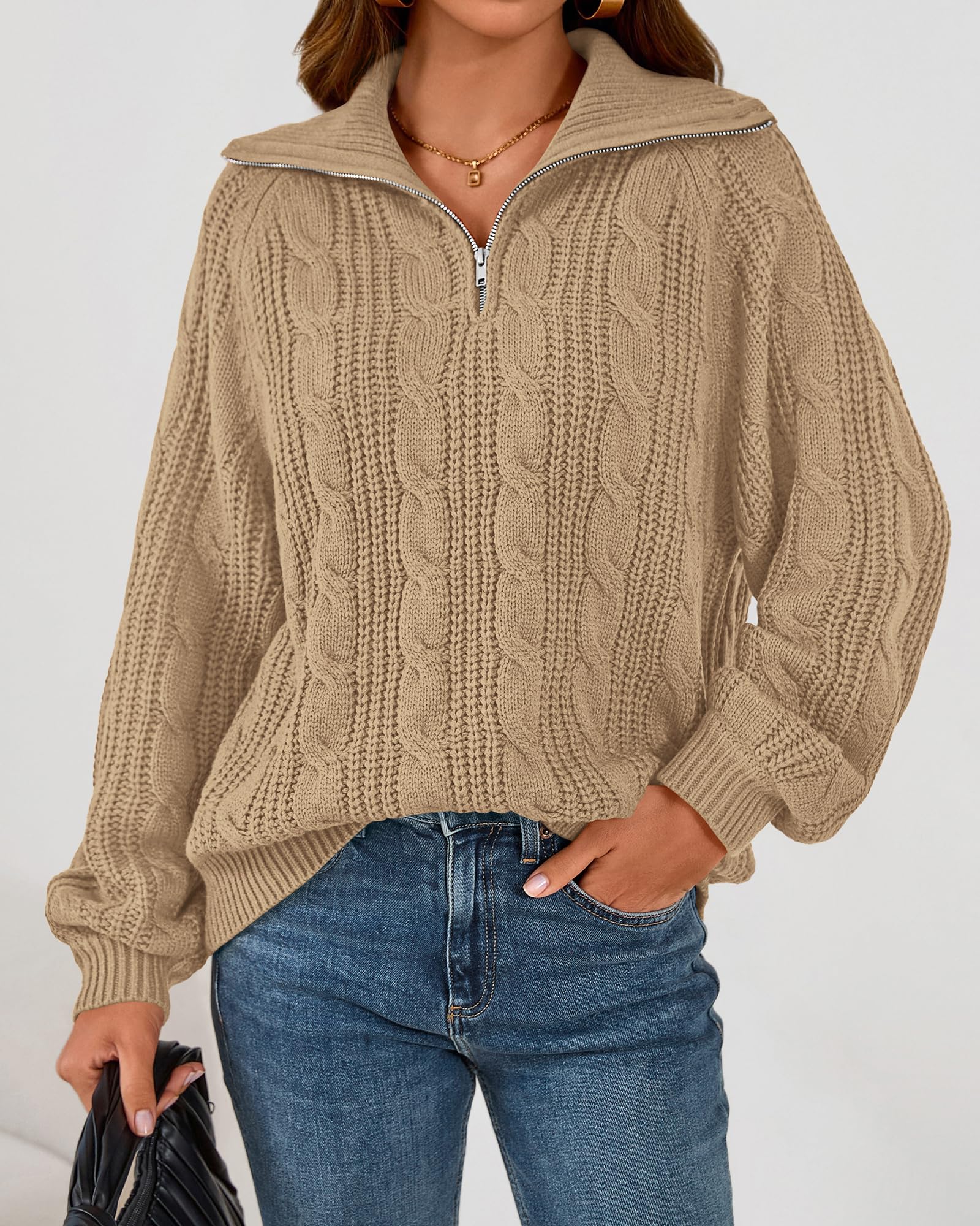 BTFBM Sweaters for Women Fall Fashion Loose Quarter Zip Pullover Collared Long Sleeve Cable Knit Winter Clothes