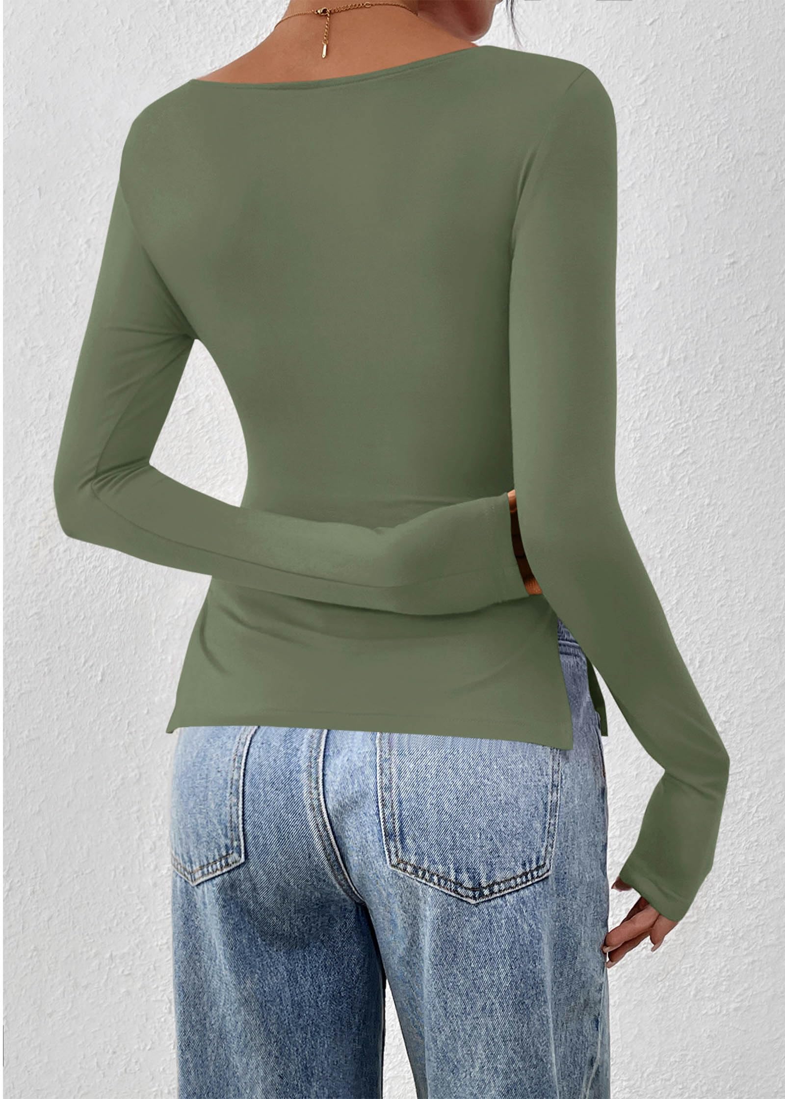 FreshPretty Long Sleeve Shirts for Women Fall Casual Boat Neck Knit Workout Going Out Tops Fitted Side Slit Basic Tees