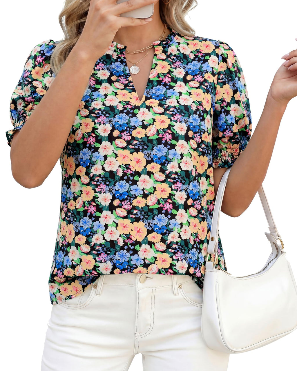 BTFBM Summer Blouses for Women Dressy Casual Fashion Spring Tops Floral Boho V Neck Puff Short Sleeve Top Shirts