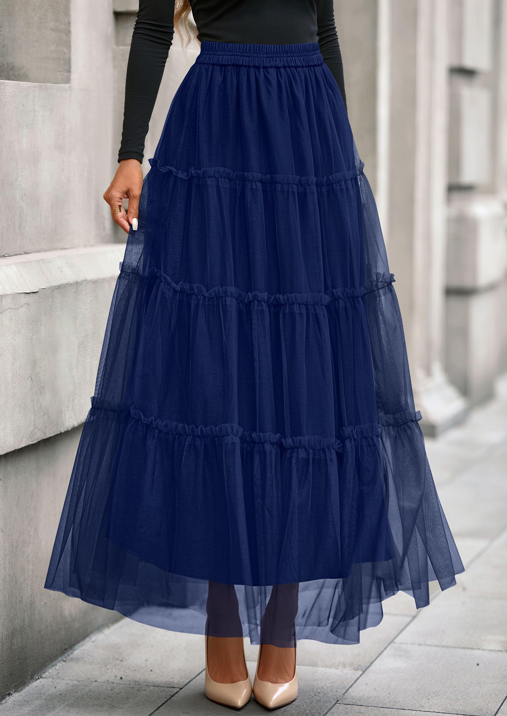 PRETTYGARDEN Tulle Skirts for Women Fall Fashion Elastic High Waisted Fairy Tiered Flowy A-Line Casual Maxi Long Skirt