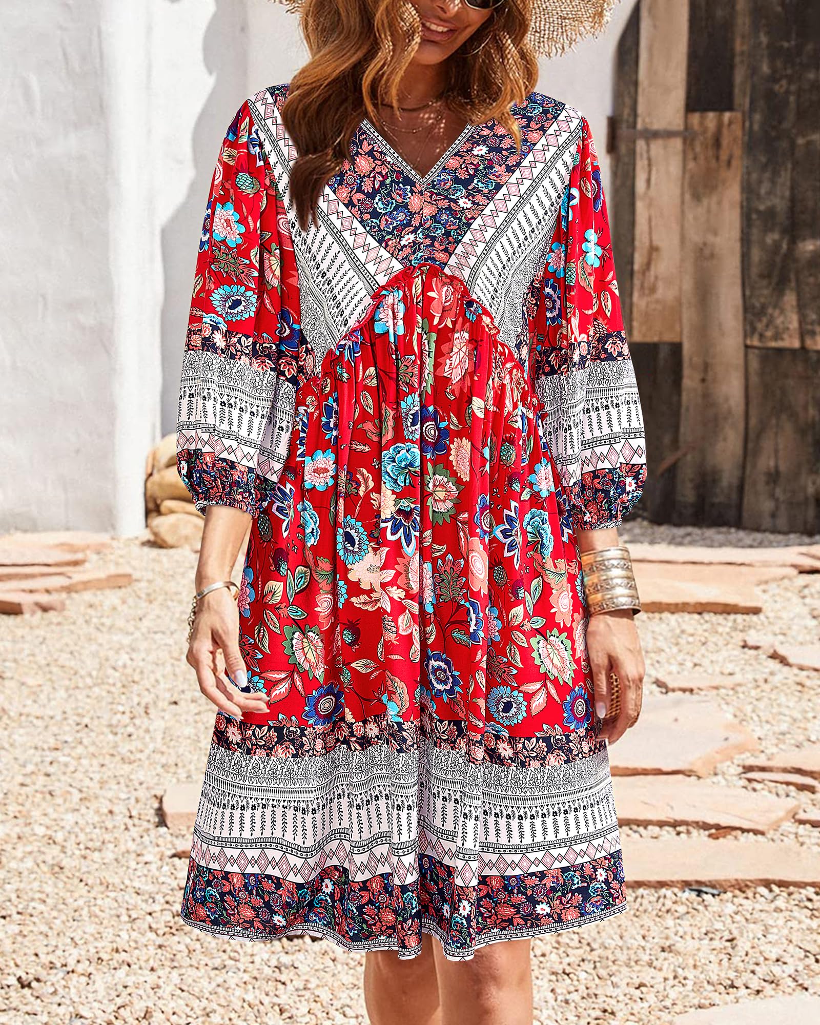 BTFBM Women Casual Spring Summer Dresses V Neck 3/4 Long Sleeve Ruffle Floral Flowy Boho Babydoll Mini Short Beach Dress