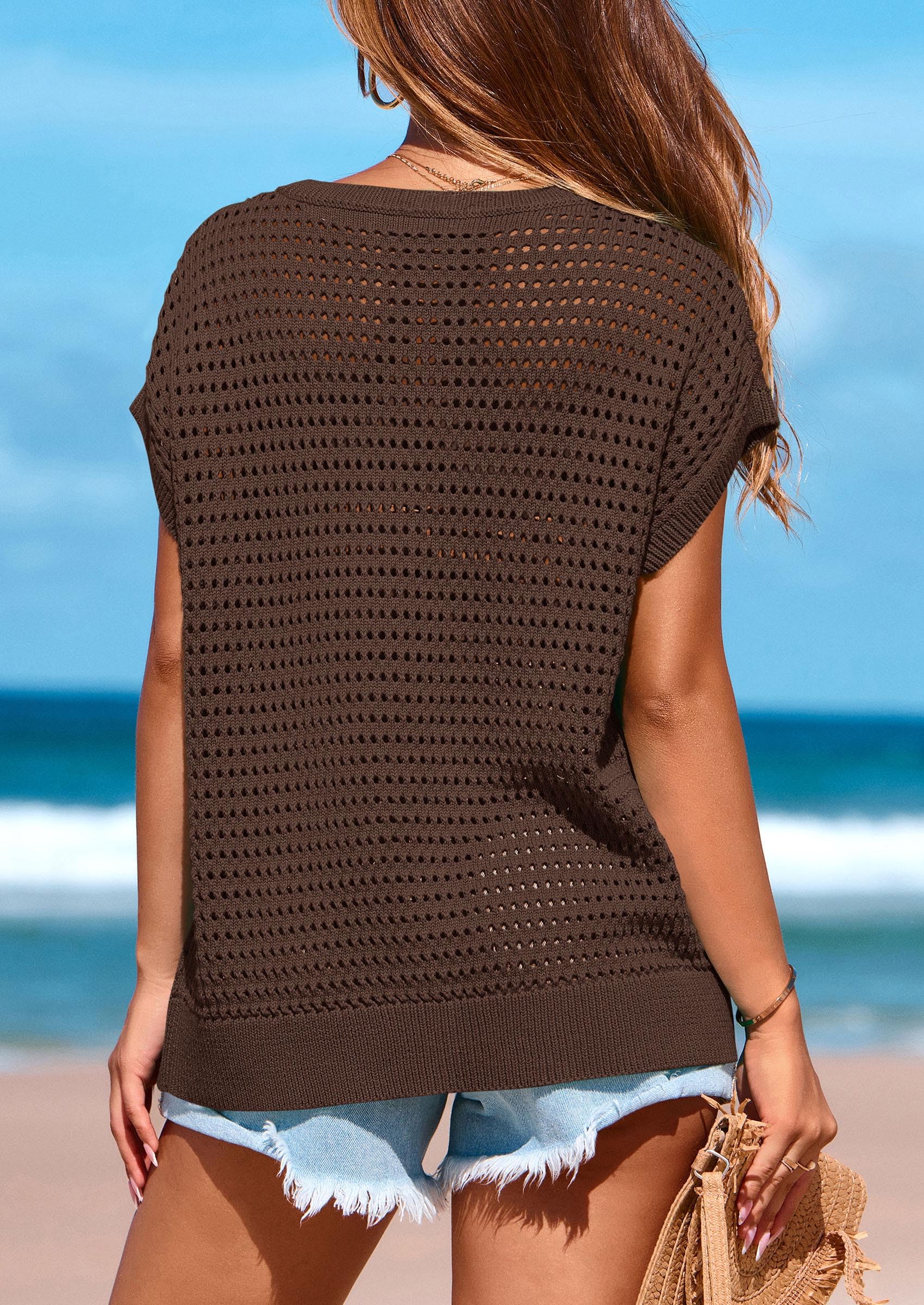 PRETTYGARDEN Womens Spring Tops Summer Shirts Crochet Cap Sleeve Sweater Pullover Cute Beach Vacation Clothes