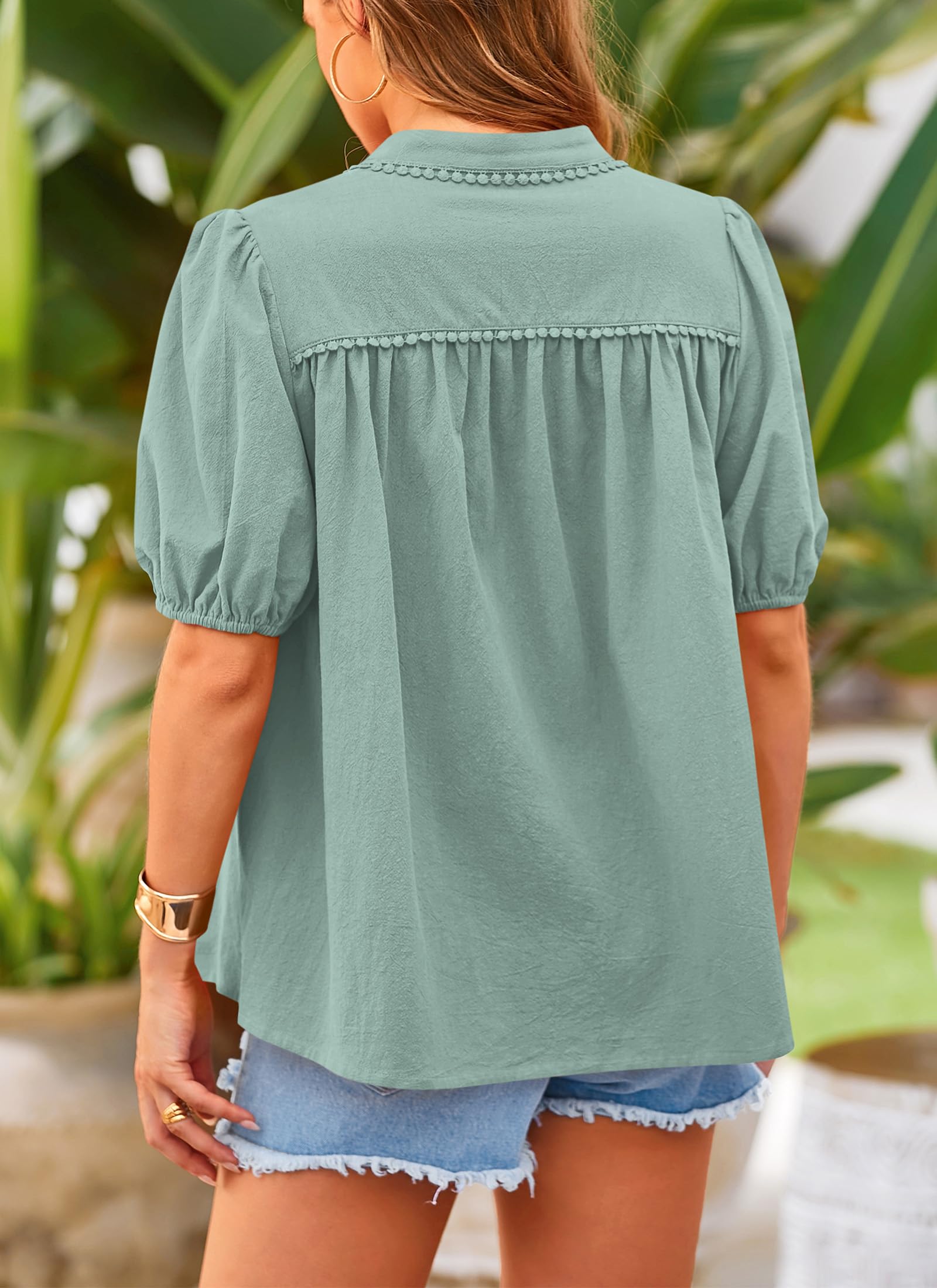 PRETTYGARDEN Women's Summer Button Down Shirts Short Lantern Sleeve V Neck Cotton Cute Dressy Casual Ladies Tops Blouses