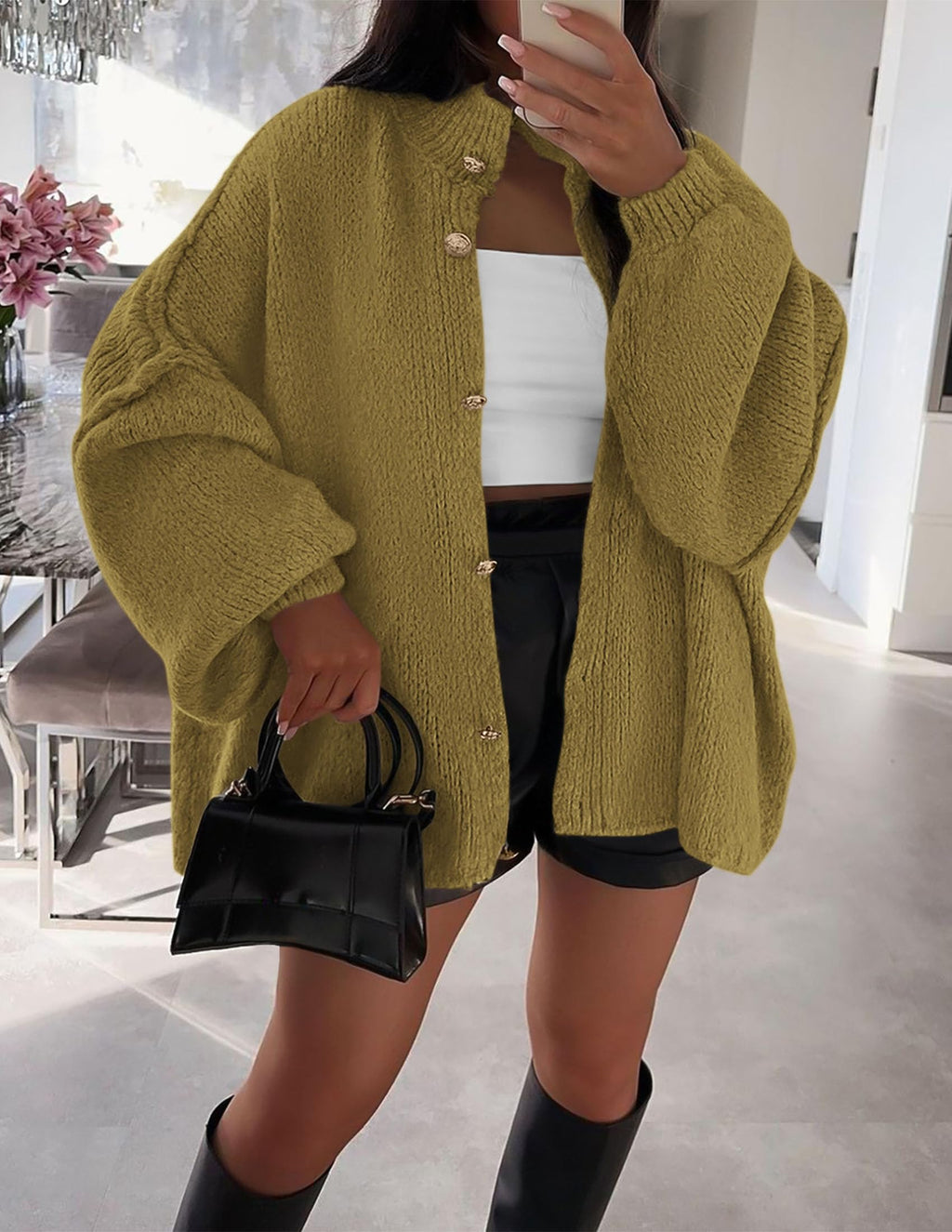 PRETTYGARDEN Women's Winter Button Down Cardigan Sweaters Mock Neck Lantern Long Sleeve Chunky Knit Jacket Trendy Outerwear