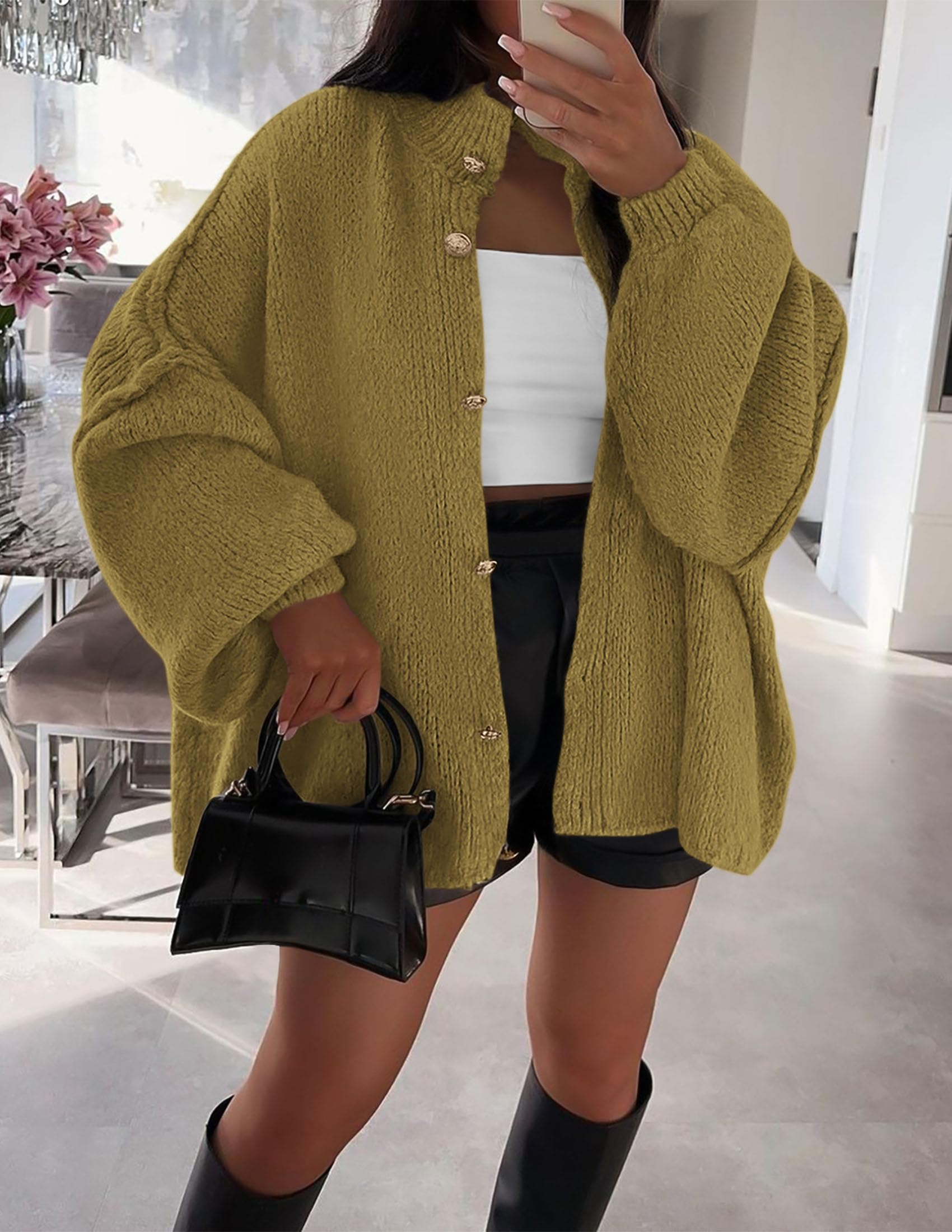 PRETTYGARDEN Women's Winter Button Down Cardigan Sweaters Mock Neck Lantern Long Sleeve Chunky Knit Jacket Trendy Outerwear