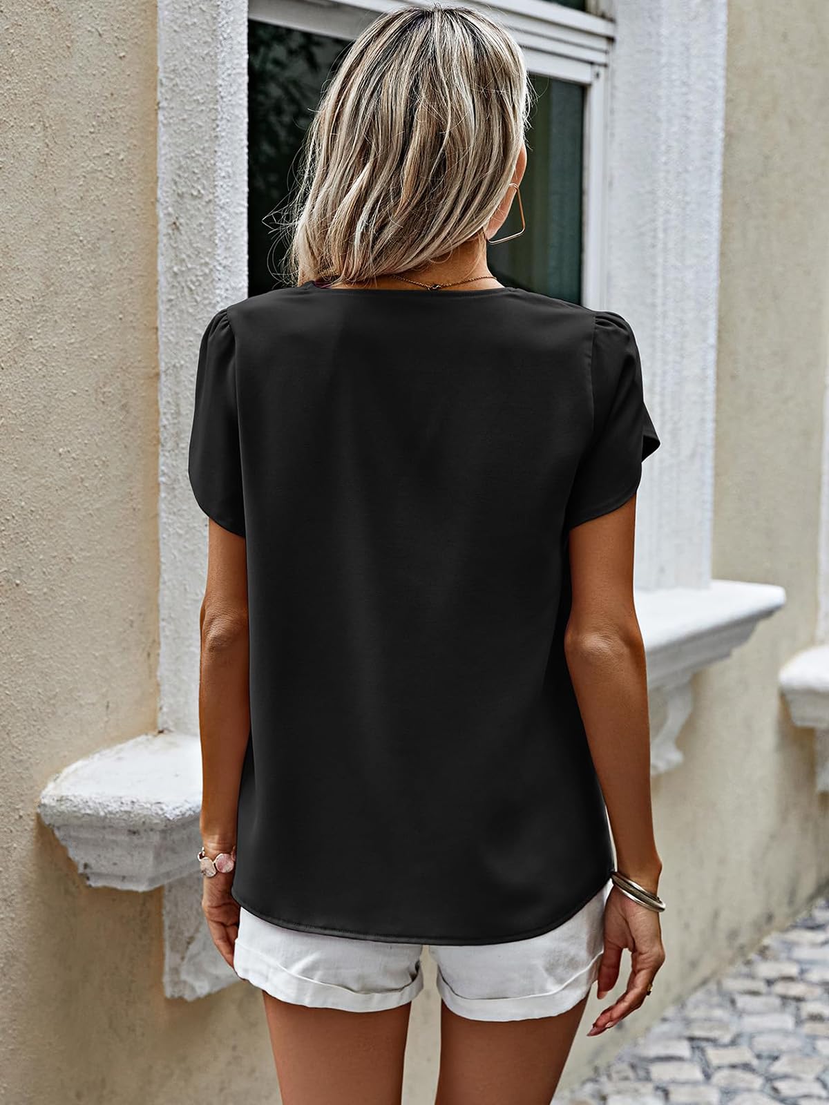 PRETTYGARDEN Short Sleeve Tops for Women Summer Spring Western Chiffon Blouses Dressy Casual Work Pearl Shirts