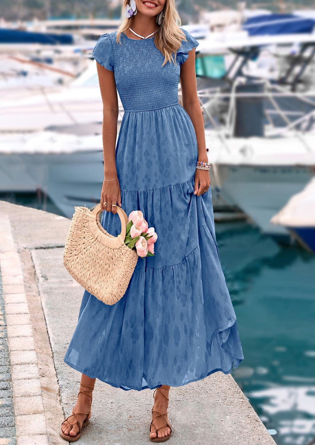 PRETTYGARDEN Wedding Guest Dresses for Women Summer Floral Cap Sleeve Smocked A Line Long Elegant Party Boho Dress