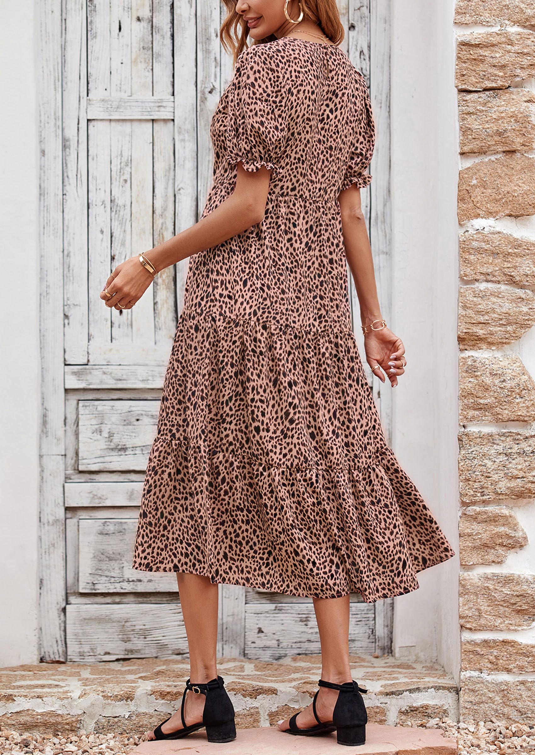PRETTYGARDEN Summer Dresses for Women Casual Floral Boho Midi Sun Dress Puff Short Sleeve Flowy Beach Vacation Sundress