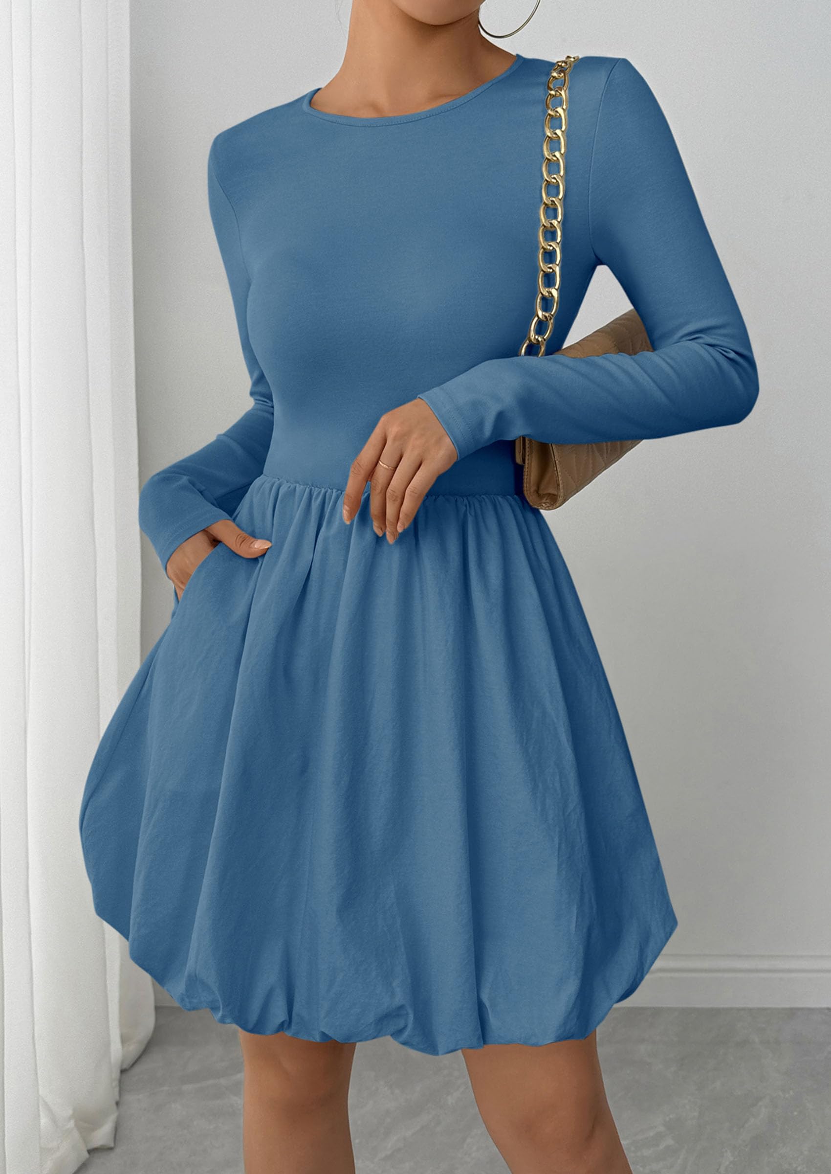 PRETTYGARDEN Fall Dresses for Women Casual Long Sleeve Bubble Cute Crew Neck A Line Mini Short Dress with Pockets