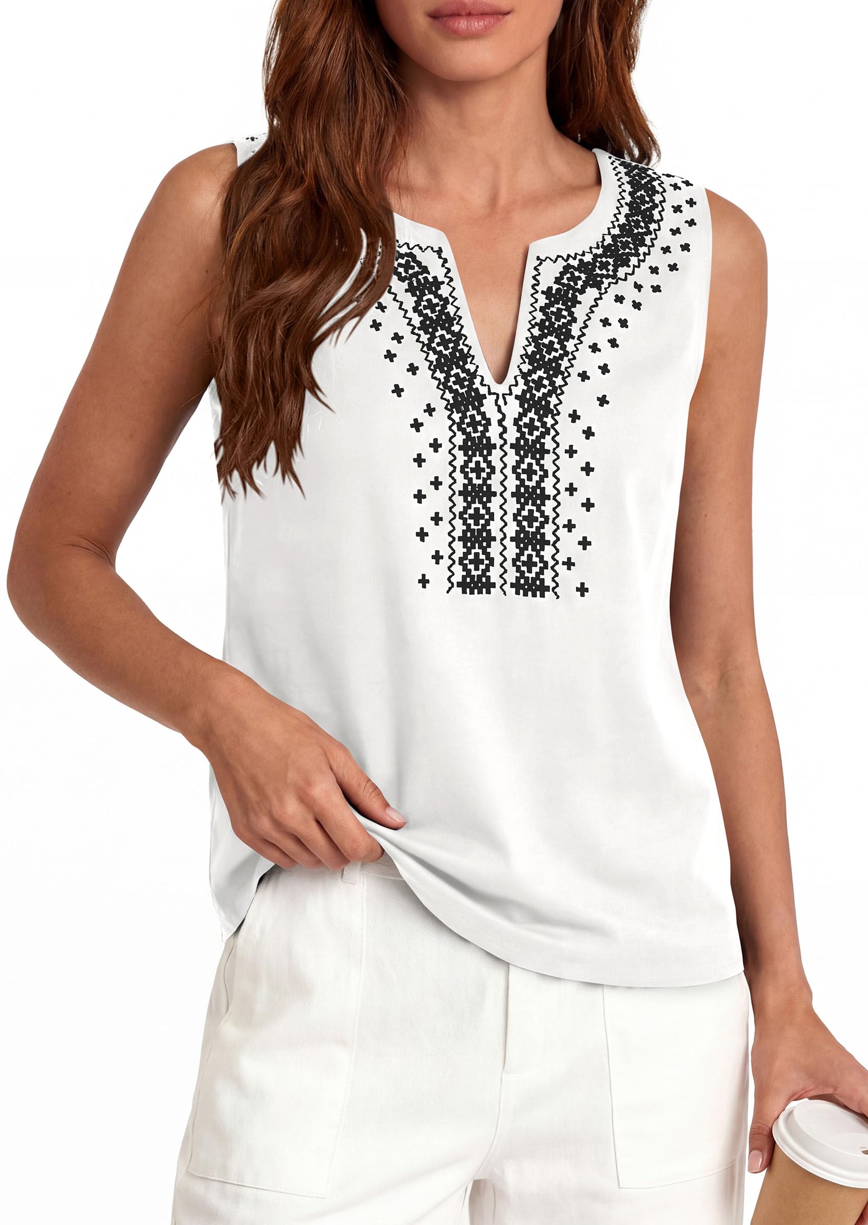 PRETTYGARDEN Womens Tank Tops Summer Causal V Neck Sleeveless Shirts Floral Print Embroidered Beach Vacation Boho Top