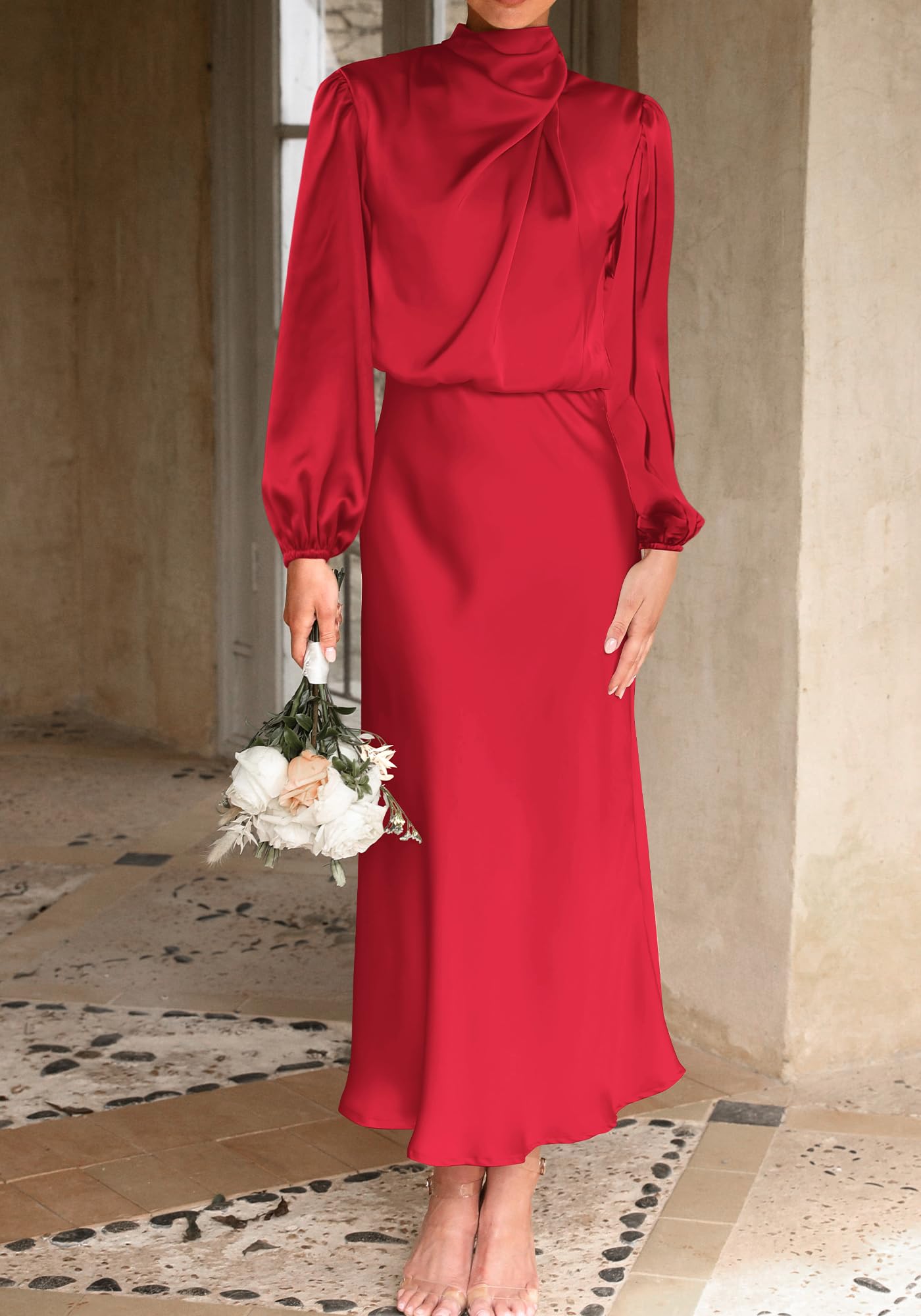 BTFBM Womens Mock Neck Satin Dress Spring Summer Long Sleeve Lightweight Formal Wedding Party Maxi Cocktail Dresses
