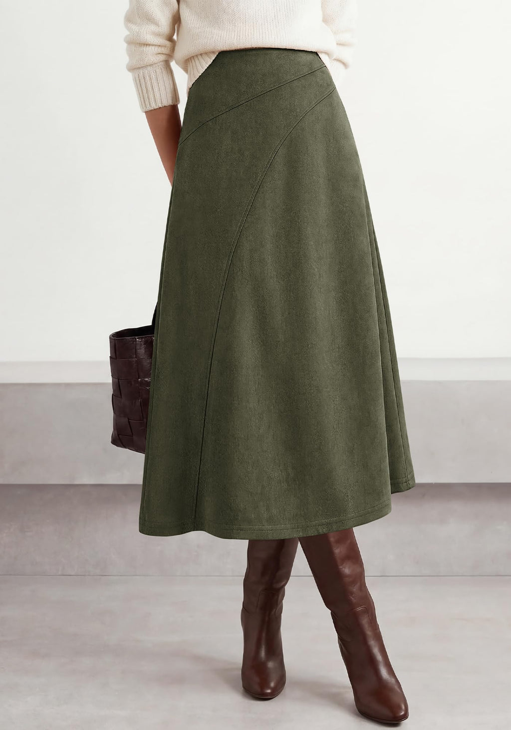 BTFBM Women Faux Suede Midi Long Skirt Fall Fashion | High Waisted Skirts For Women Trendy, Lightweight, Back Elastic, Arc Line Design, A-Line, Winter Dress, Boho Western Outfits