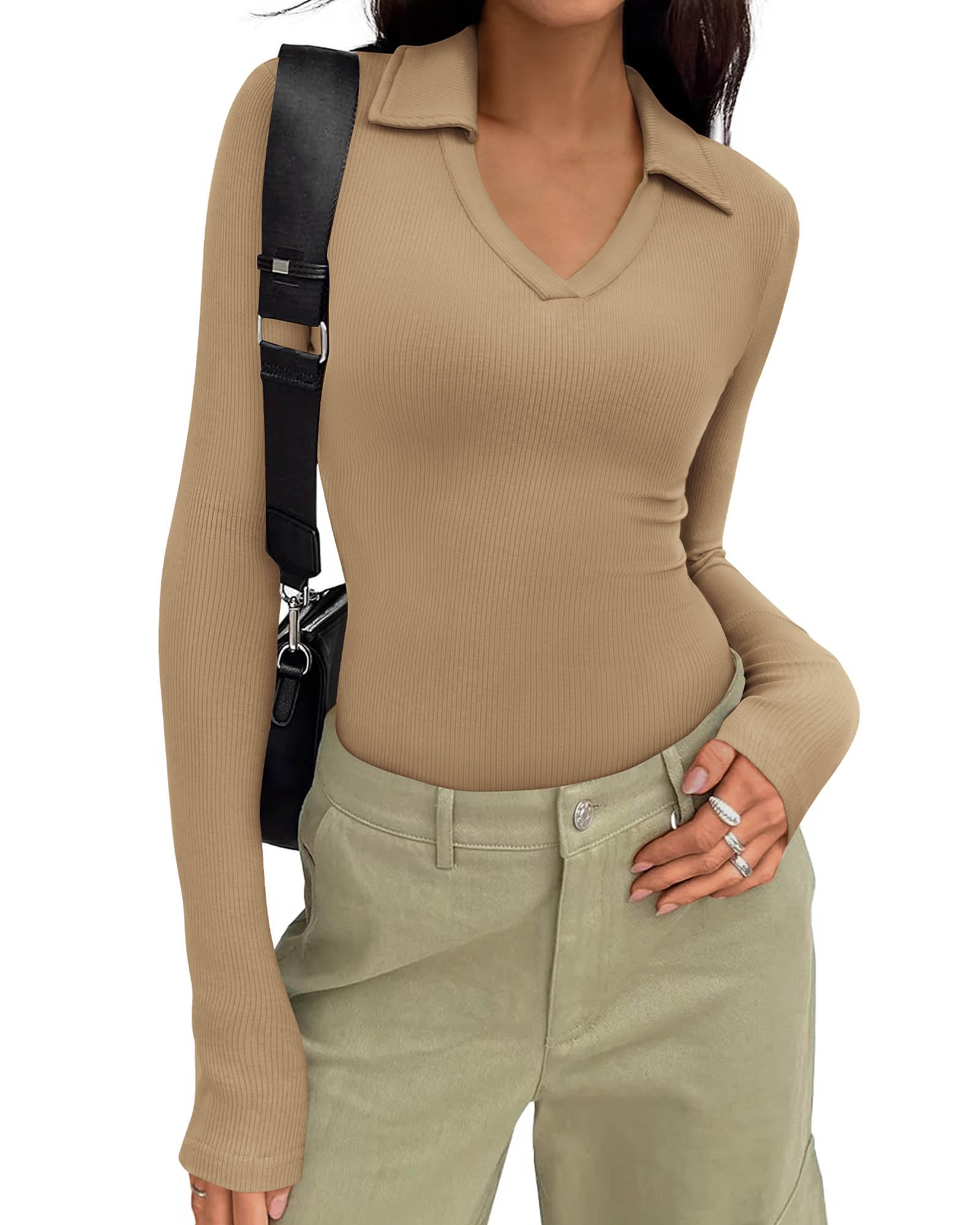 FreshPretty Polo Shirts for Women Long Sleeve Business Casual Tops Spring Fall Ribbed Knit Collared V Neck Slim Work Blouses