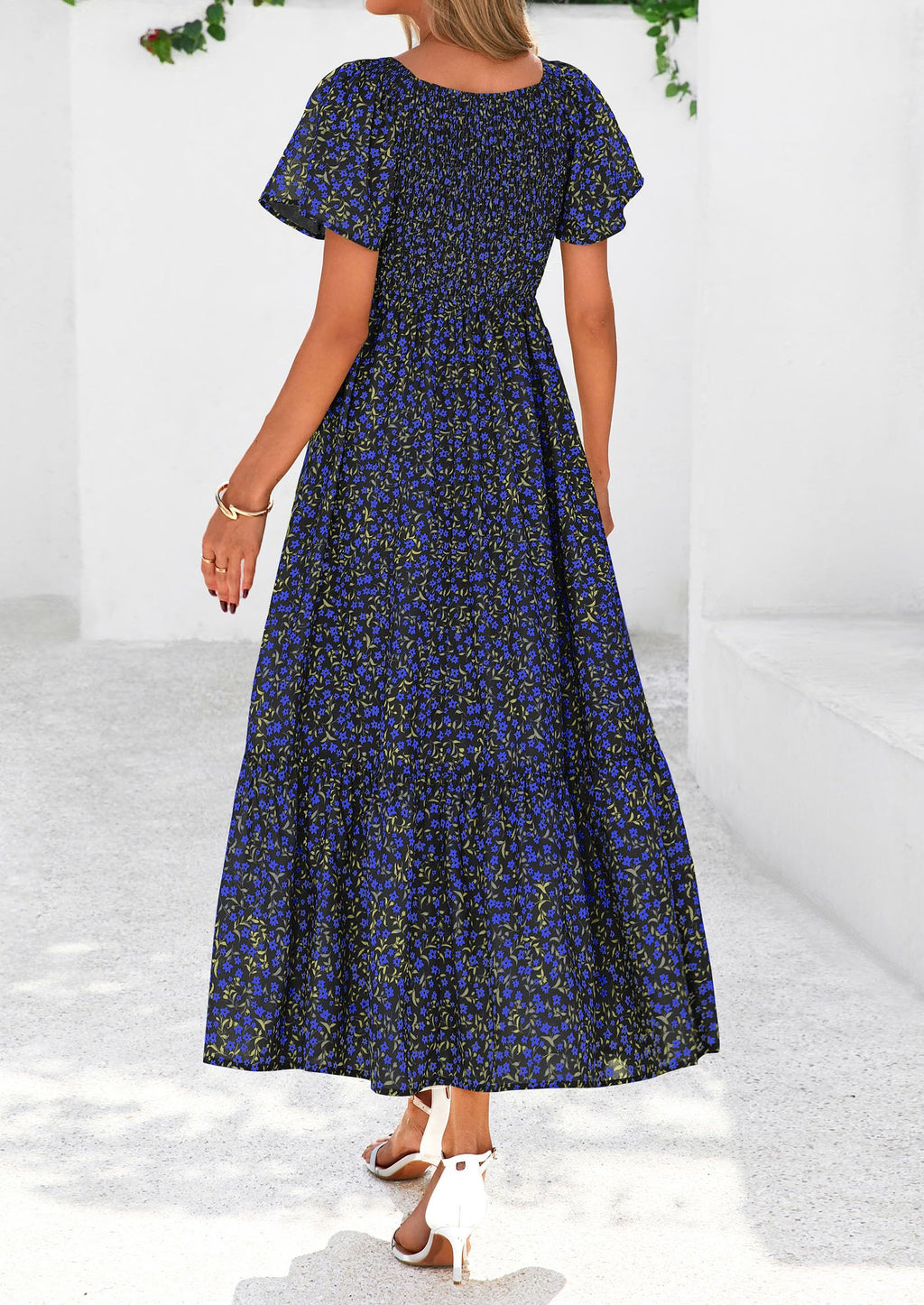 PRETTYGARDEN Boho Dresses for Women Summer Floral Short Sleeve V Neck Smocked Flowy Beach Vacation Maxi Dress