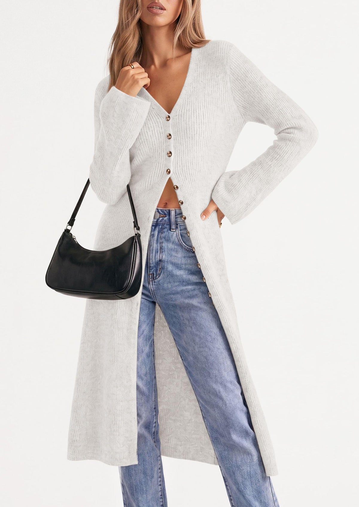 PRETTYGARDEN Women Long Cardigan Bell Sleeve Sweater Dress Early Fall Fashion, V Neck Button Down Coats, Fit and Flare, Duster Sweater, Acrylic Cotton Blend