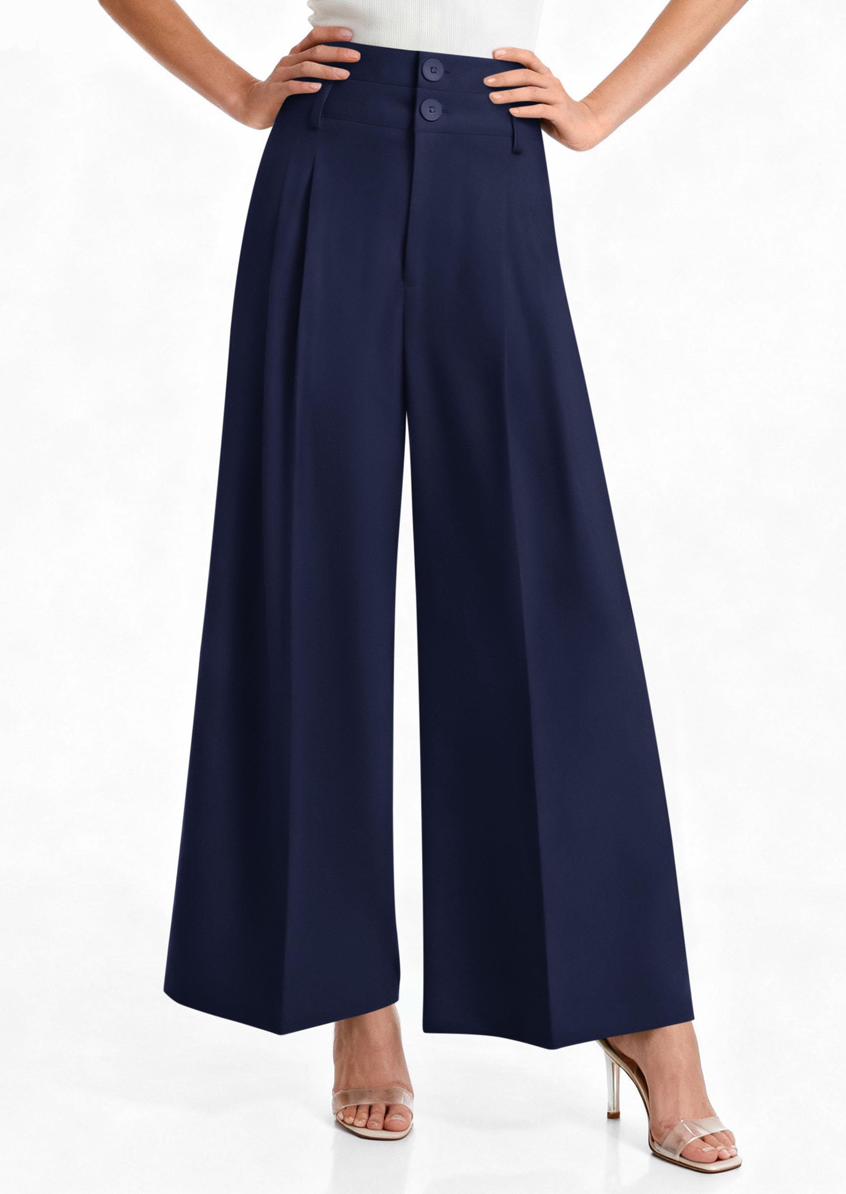 PRETTYGARDEN Womens Spring Wide Leg Palazzo Pants Trendy Loose Button High Waist Pleated Work Business Casual Trousers