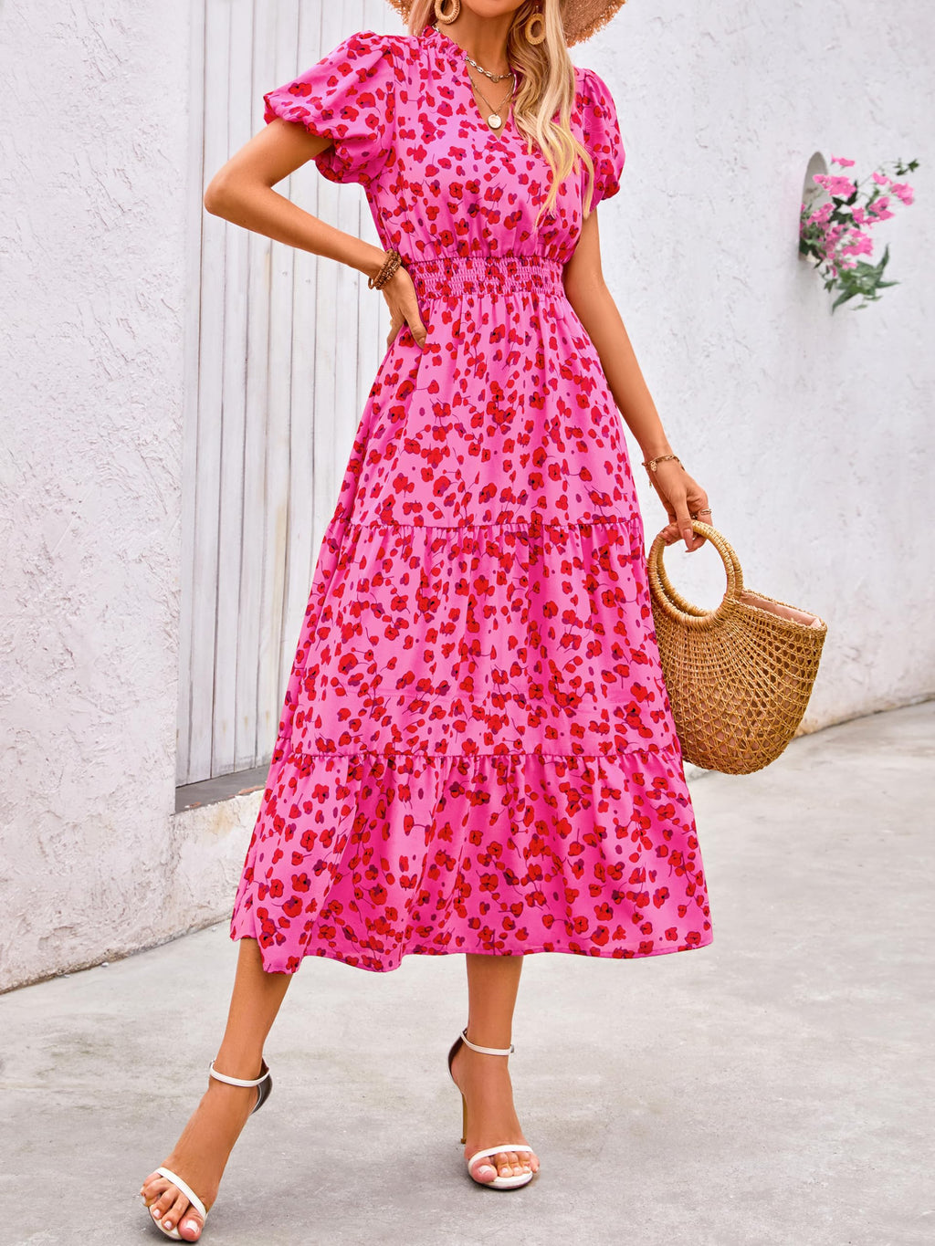 PRETTYGARDEN Summer Maxi Dresses for Women  Casual V Neck Puff Short Sleeve Smocked Flowy Beach Boho Long Floral Dress