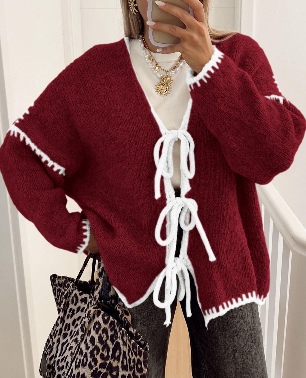 PRETTYGARDEN Women's Tie Front Bow Cardigan Sweaters Chunky Knit Long Puff Sleeve Trendy Fall Winter Jacket Coat