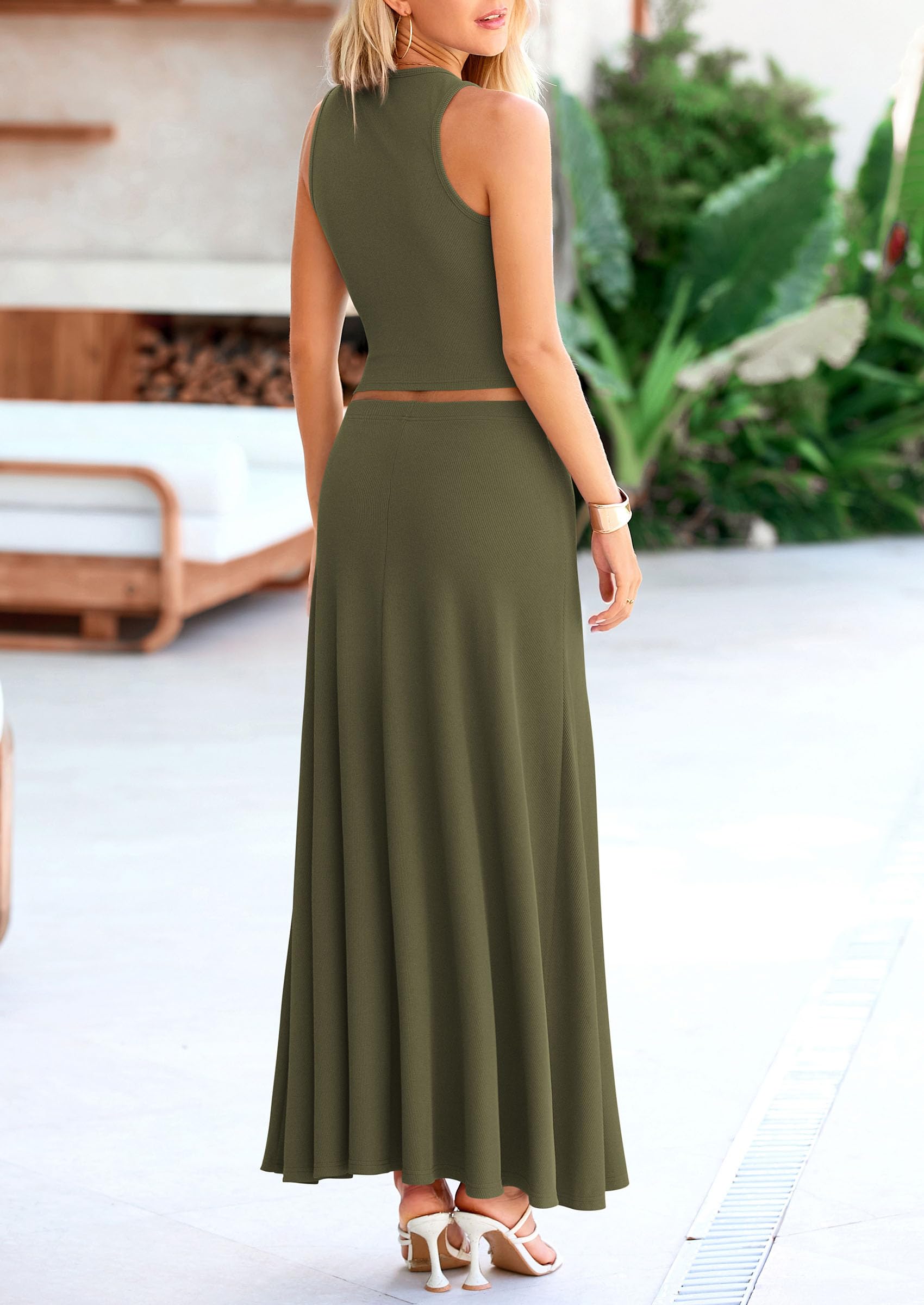 PRETTYGARDEN Women's 2 Piece Maxi Skirt Sets Casual Summer Knit Cropped Tank Top High Waisted Long Skirts Outfit