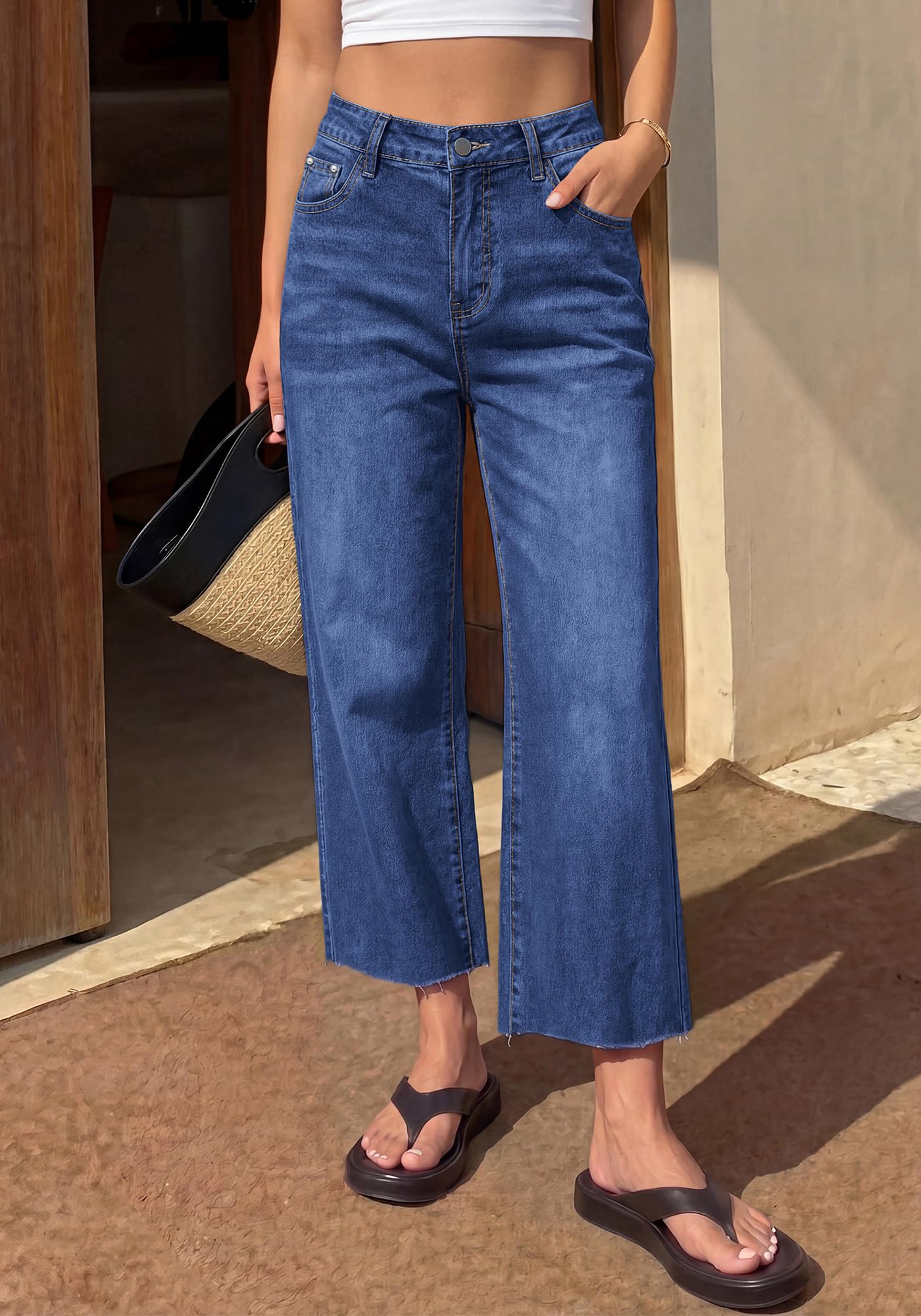 BTFBM Jeans for Women Summer High Waisted Button Straight Leg Stretchy Cropped Raw Hem Trendy Denim Pants Pockets