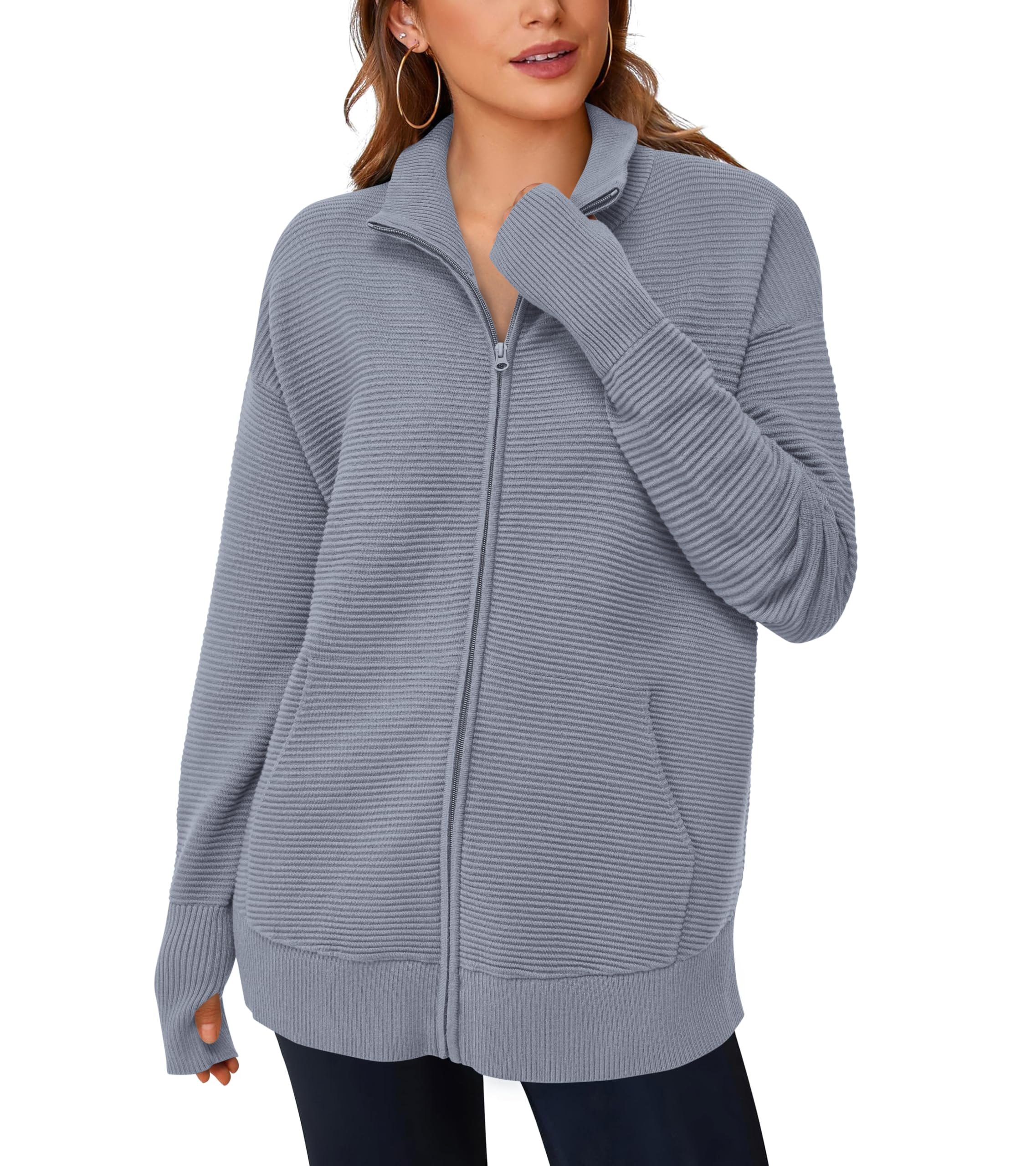 PRETTYGARDEN Womens Fall Long Sleeve Zip Up Cardigan Sweaters Casual Loose Collared Ribbed Knit Tops Jackets Thumb Hole