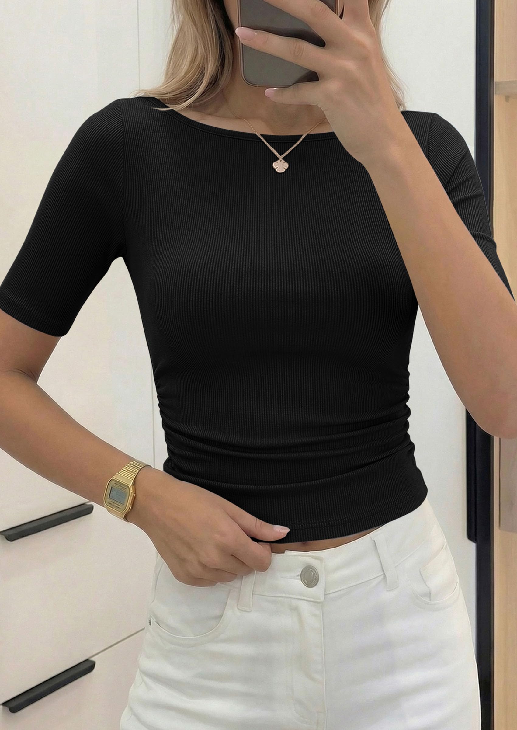 PRETTYGARDEN Womens Summer Short Sleeve Tops Boat Neck Ribbed Knit Slim Fit T Shirt Casual Basic Top Spring Clothes