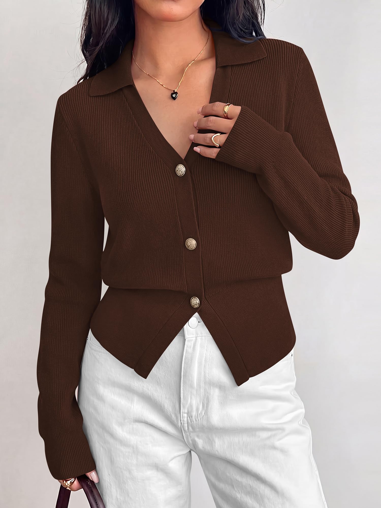 BTFBM Women Long Sleeve Lightweight Cardigans Knitted Button Down Shirts Lapel V Neck, Cropped Sweaters, Slim Fit, Ribbed, Y2K Going Out Tops, Business Casual Outfits, Spring, Fall, Winter Layering