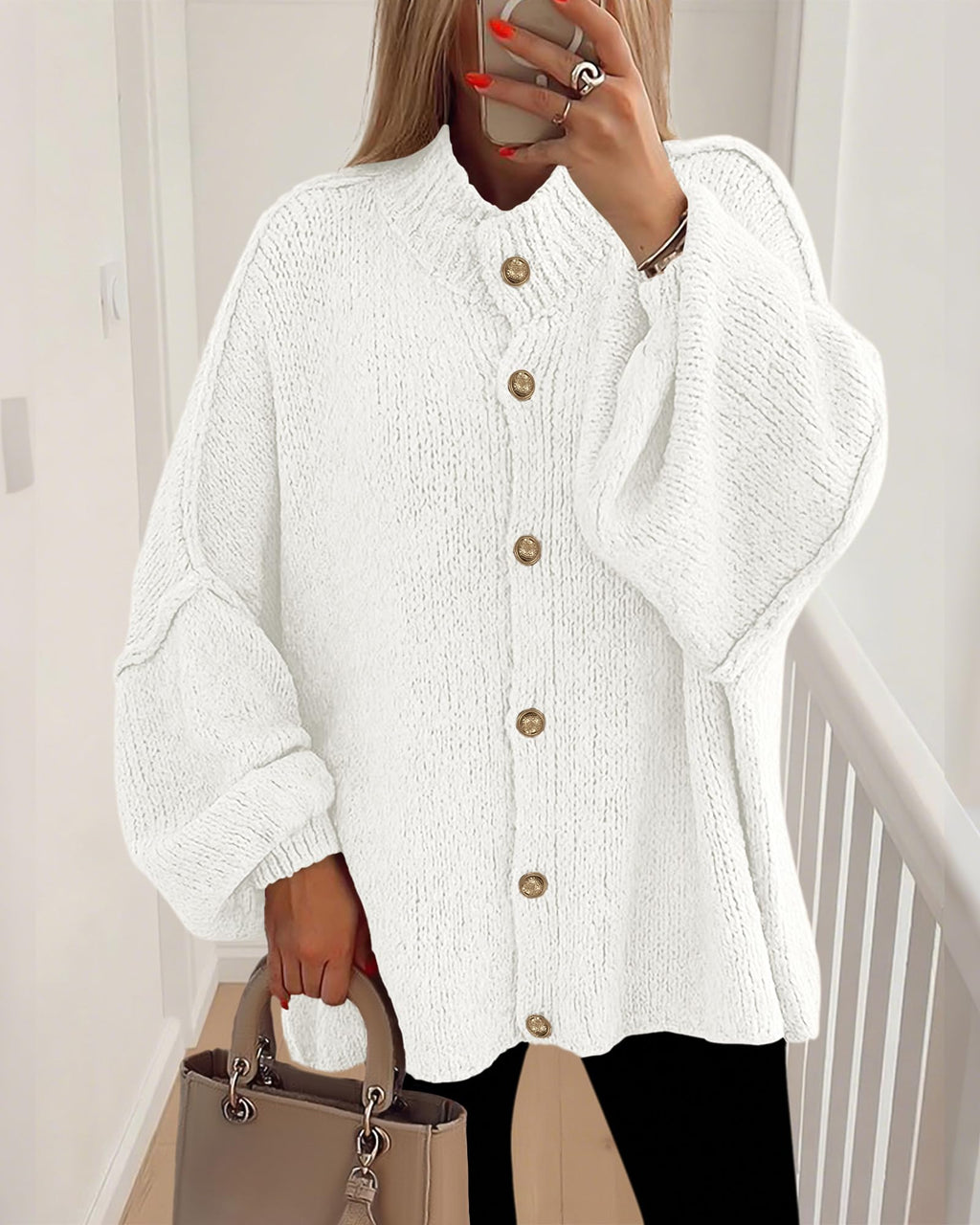 FreshPretty Cardigan Sweaters for Women Fall Clothes Lantern Long Sleeve Button Open Front Chunky Knit Oversized Sweater