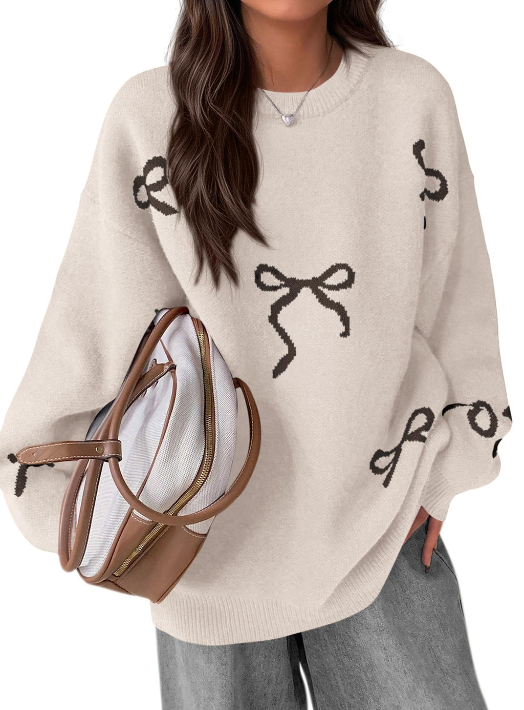PRETTYGARDEN Fall Long Sleeve Pullover Sweaters for Women Trendy Crewneck Casual Cute Bow Chunky Knit Oversized Sweater