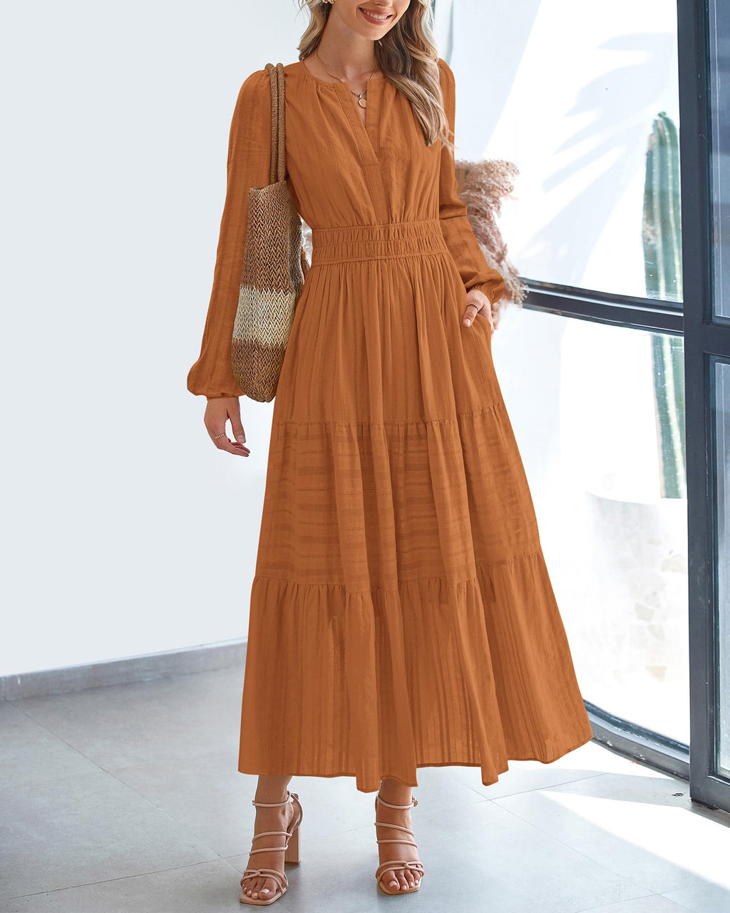 BTFBM Spring Dresses for Women 2026 Casual Long Sleeve V Neck Elastic Waist Lightweight Maxi Wedding Guest Dress Pockets