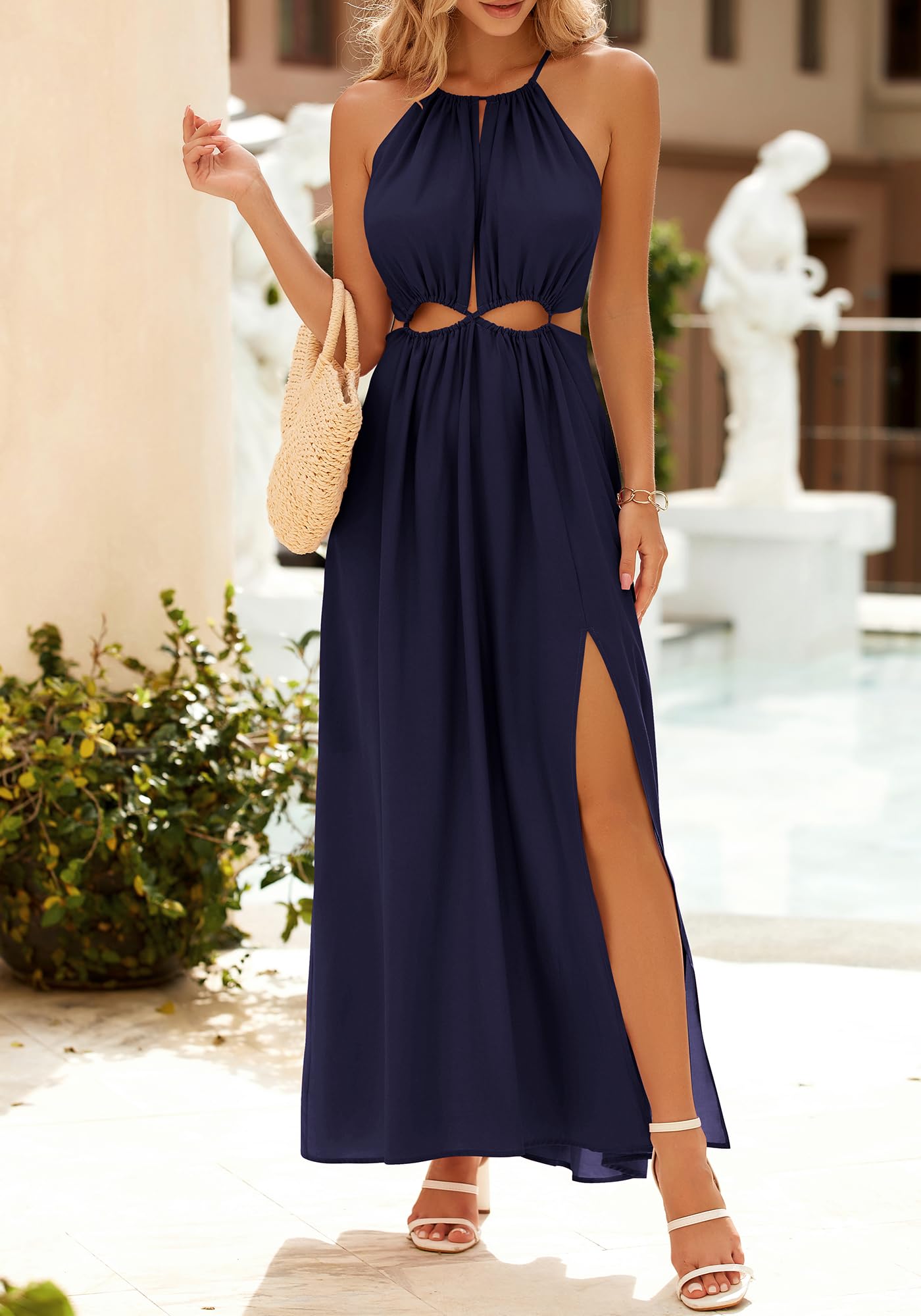 BTFBM Women Halter Summer Dresses Sleeveless Cutout Backless Sundress Slit Boho Maxi Beach Wedding Guest Dress
