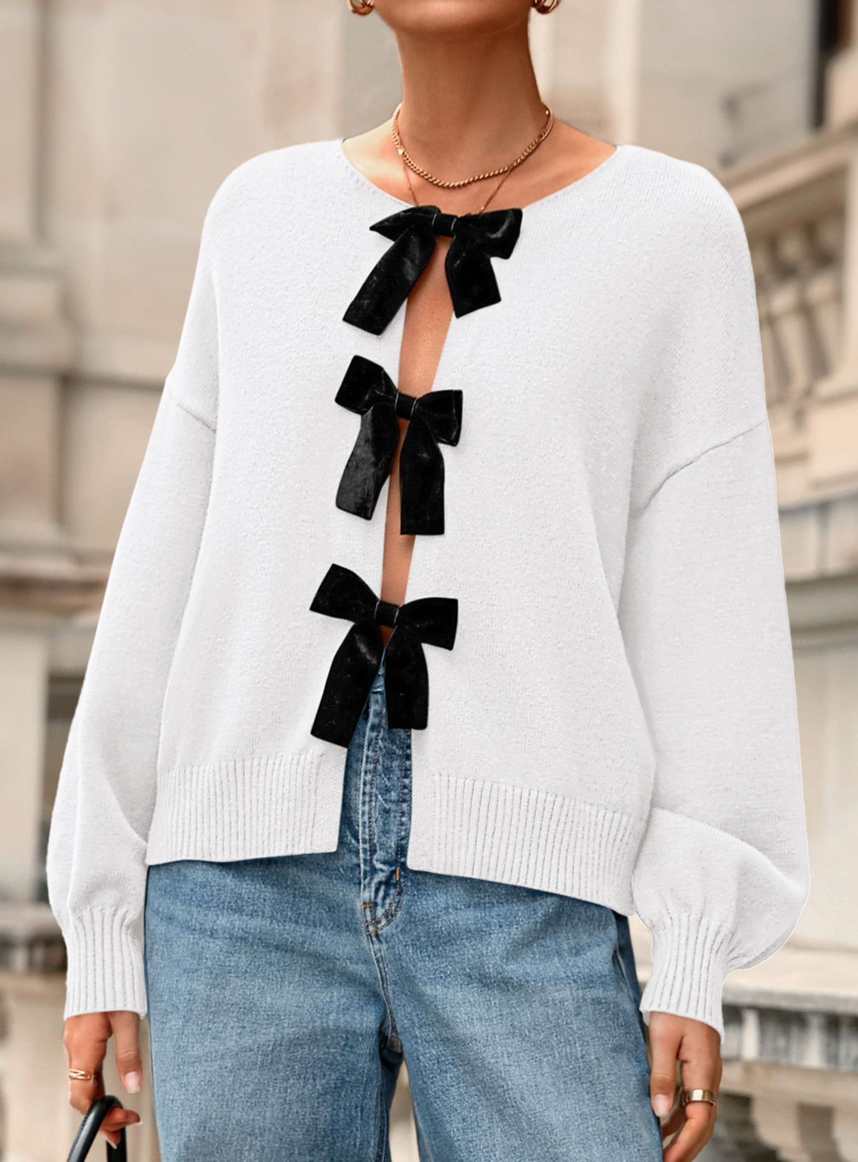 PRETTYGARDEN Cardigan Sweaters for Women Fall Fashion Bow Tie Front Long Sleeve Knit Sweater Tops Cute Winter Clothes