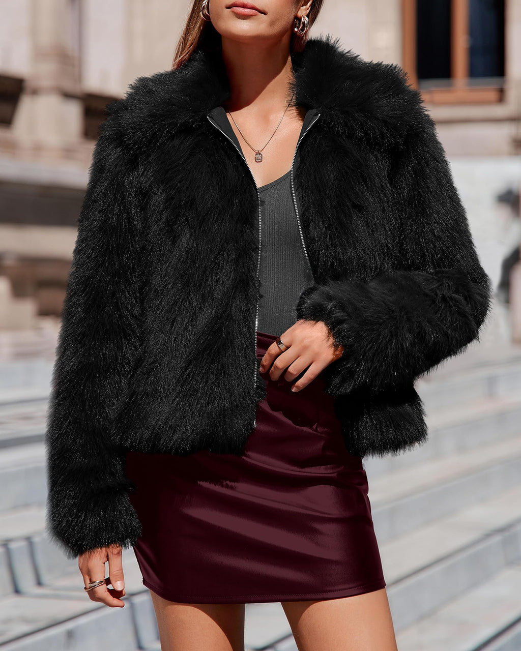 BTFBM Faux Fur Jacket Women Fluffy Winter Cropped Coats Zip Up Fuzzy Jackets Long Sleeve Furry Coat Fall Clothes
