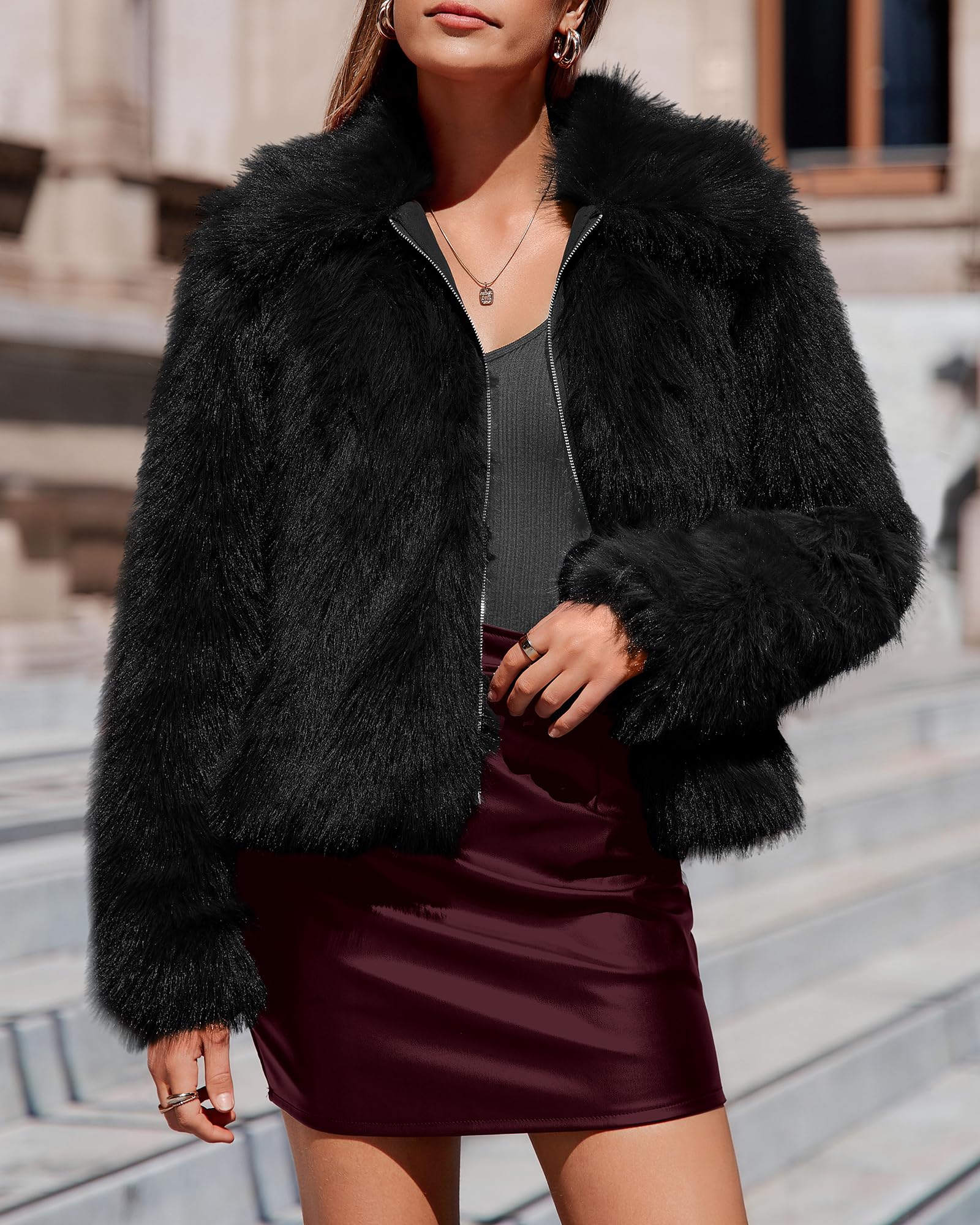 BTFBM Faux Fur Jacket Women Fluffy Winter Cropped Coats Zip Up Fuzzy Jackets Long Sleeve Furry Coat Fall Clothes