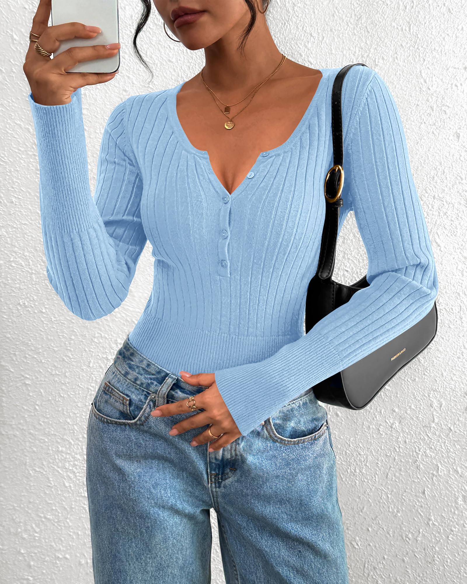 FreshPretty Fall Sweaters for Women Lightweight Long Sleeve Henley Shirts Button Up Knit Basic Slim Fit Going Out Tops