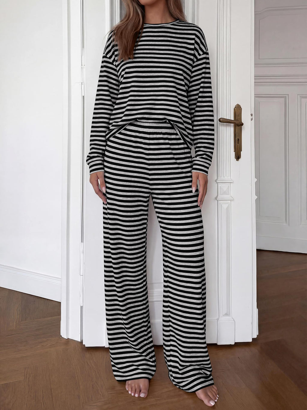 BTFBM Striped Lounge Set Sweatsuits Women 2 Piece Outfit | Womens Pajama Sets, Crew Neck Sweatshirt and Wide Leg Pants, Pockets, Airport, Travel, Vacation Outfits, Fall Winter Clothes