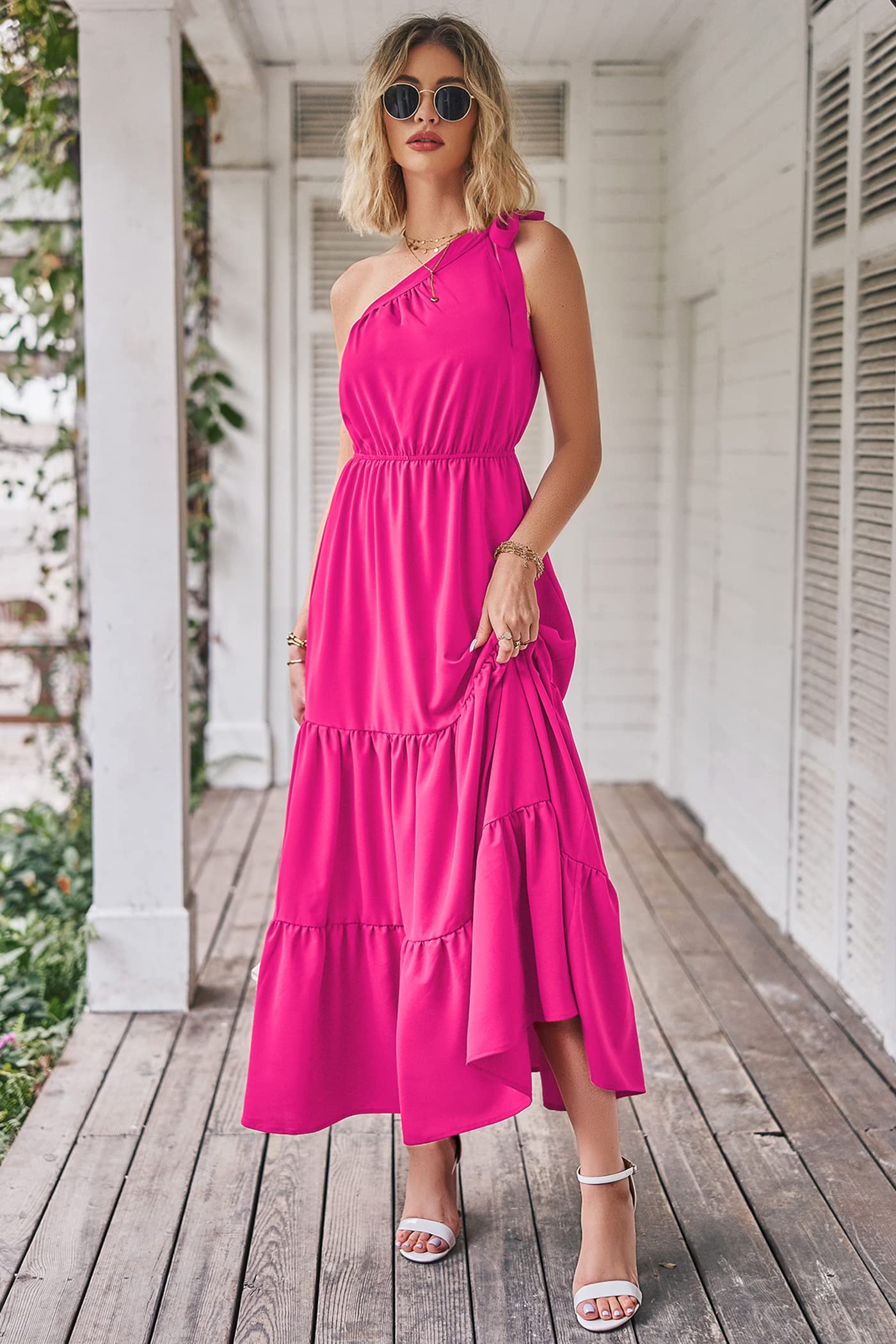 PRETTYGARDEN Women's Summer Floral One Shoulder Maxi Dress Knot Ruffle Boho Beach Vacation Wedding Guest Long Sun Dresses