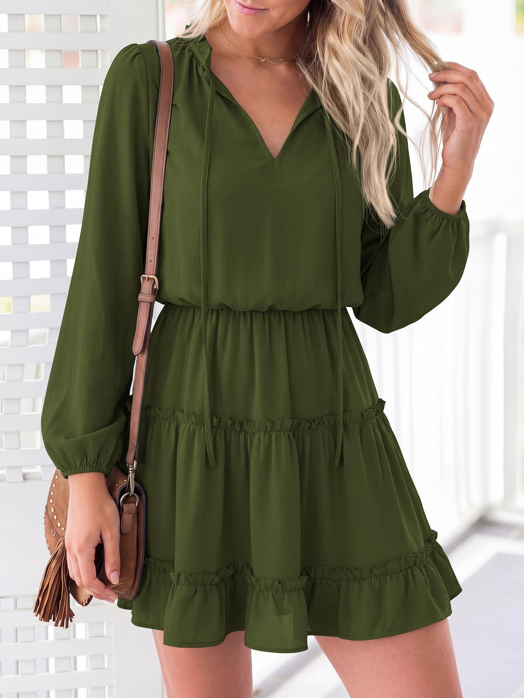BTFBM Long Sleeve Summer Dresses for Women Casual Tie Neck Ruffle Tiered A Line Mini Spring Wedding Guest Dress