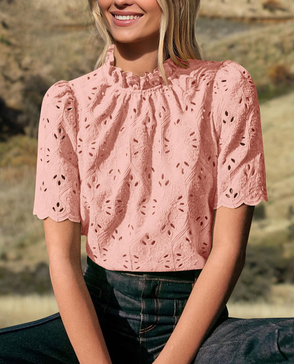 PRETTYGARDEN Womens Summer Tops Trendy Short Sleeve Eyelet Embroidered Dressy Casual Blouse Shirts