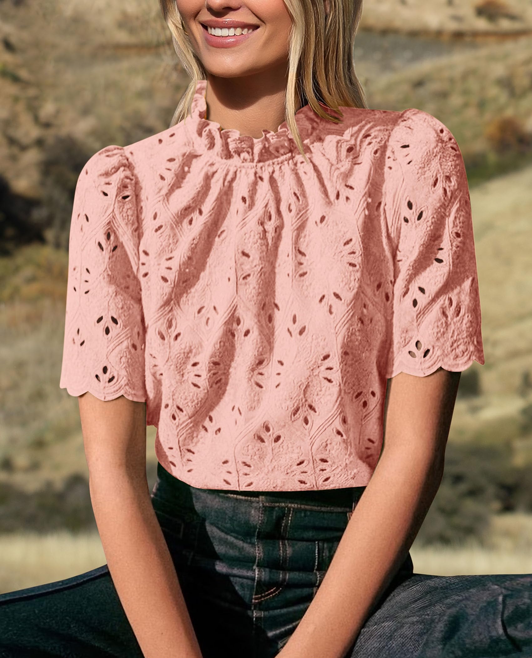 PRETTYGARDEN Womens Summer Tops Trendy Short Sleeve Eyelet Embroidered Dressy Casual Blouse Shirts