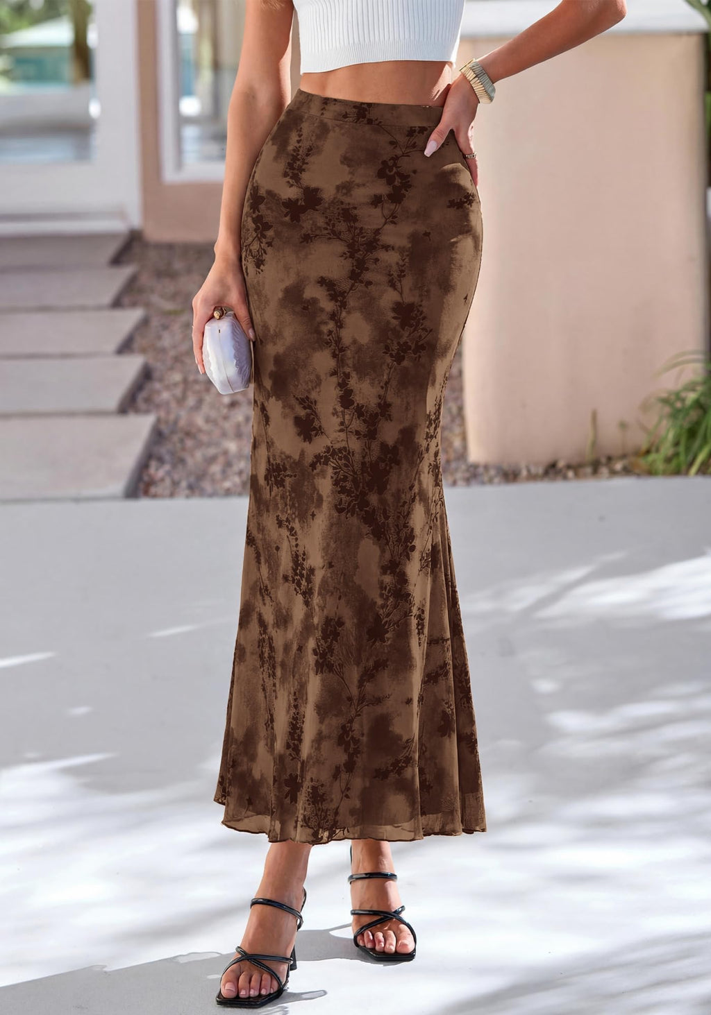 BTFBM Womens Floral Mesh Maxi Skirt Spring Summer Elastic High Waisted Boho Elegant Mermaid Long Skirts for Women