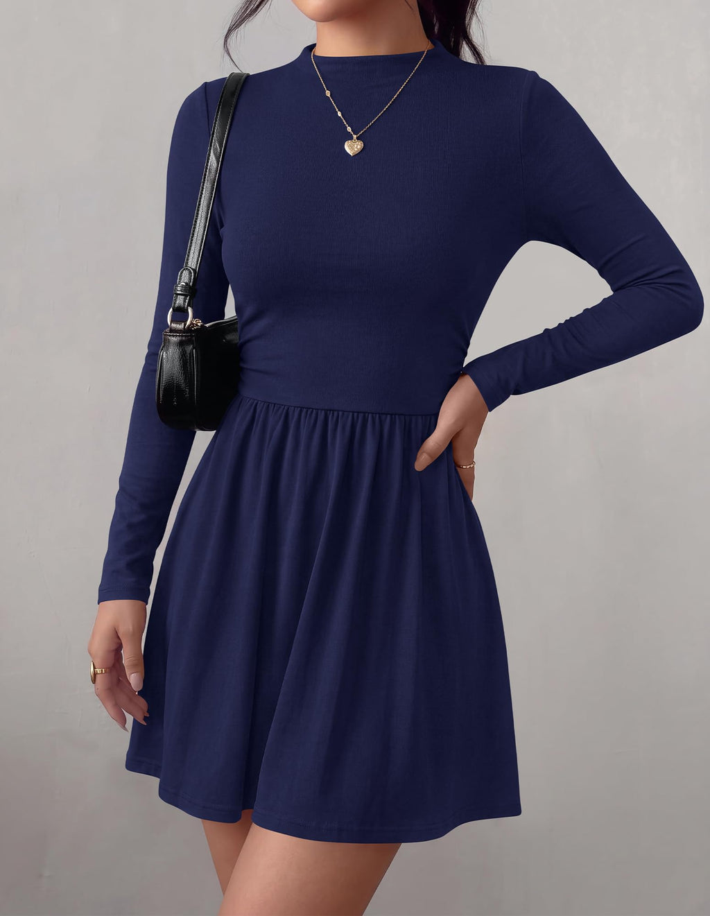 BTFBM Long Sleeve Dresses for Women Mock Neck A Line Flowy Mini Dress Swing Pleated Hem,Cocktail Party Club Holiday Going Out Outfits,Dressy Casual Winter,Trendy Early Fall Fashion Clothing