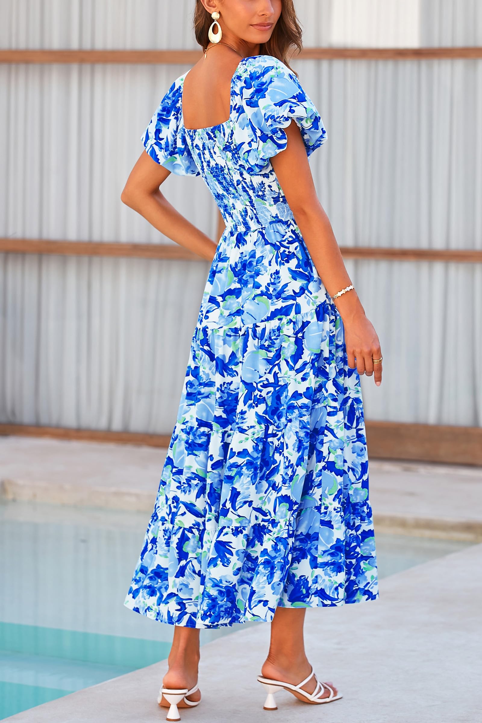 PRETTYGARDEN Women's Casual Summer Midi Dress Puffy Short Sleeve Square Neck Smocked Tiered Ruffle Dresses