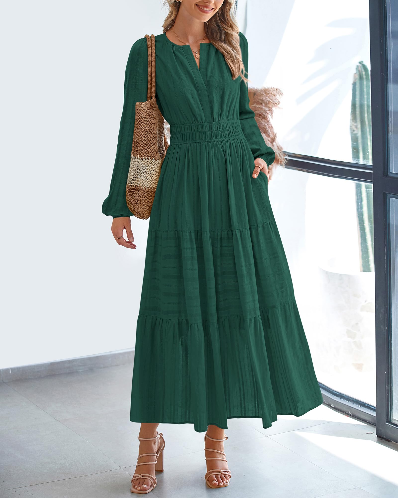 BTFBM Spring Dresses for Women 2026 Casual Long Sleeve V Neck Elastic Waist Lightweight Maxi Wedding Guest Dress Pockets