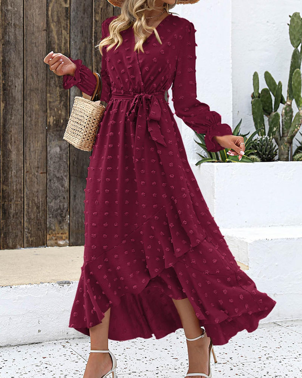 FreshPretty Long Sleeve Maxi Dresses for Women V Neck Swiss Dot Boho Flowy Slit Cocktail Wedding Guest Dress Fall Clothes